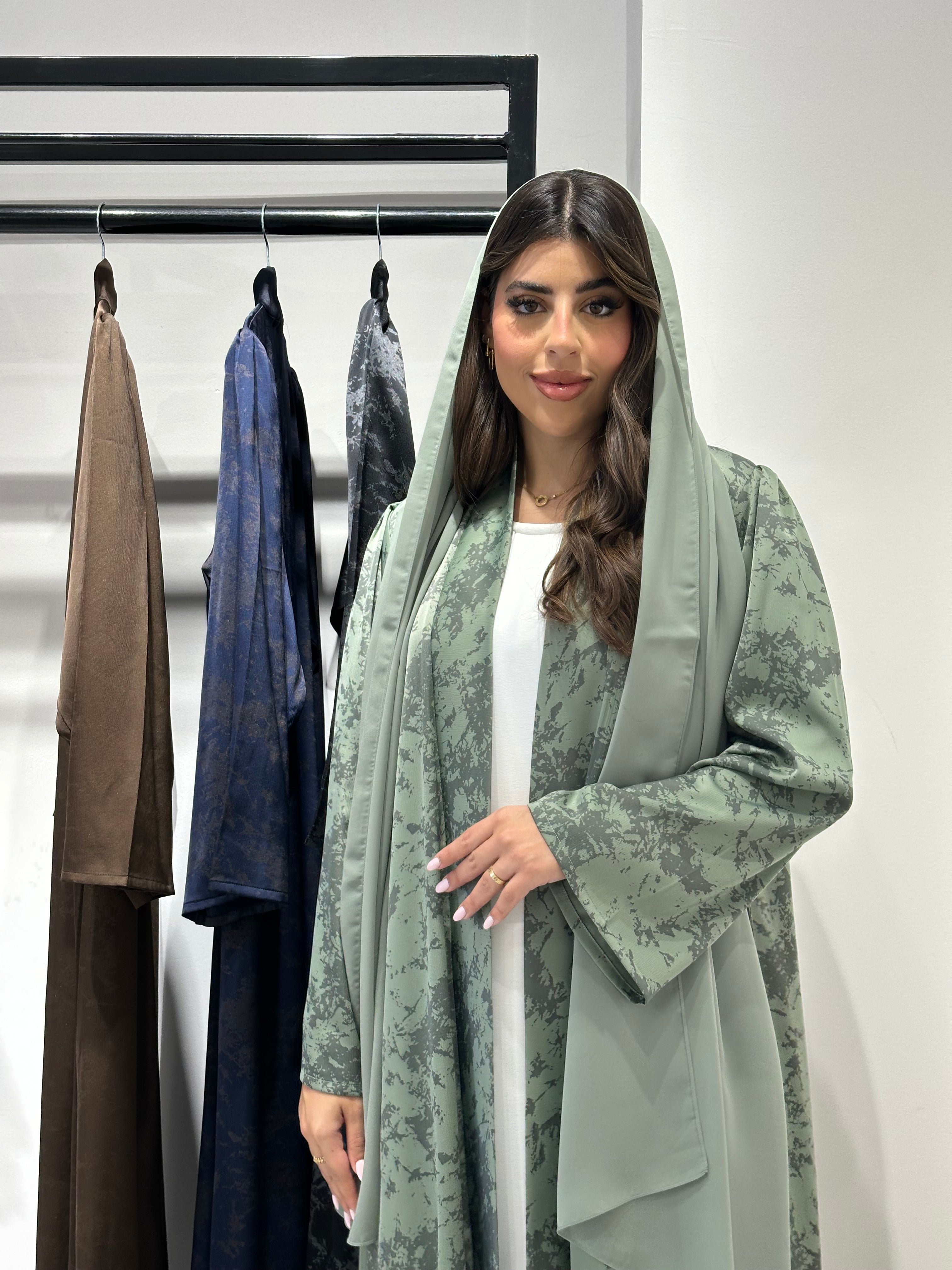 C 1414-01 Sea Green Printed Abaya