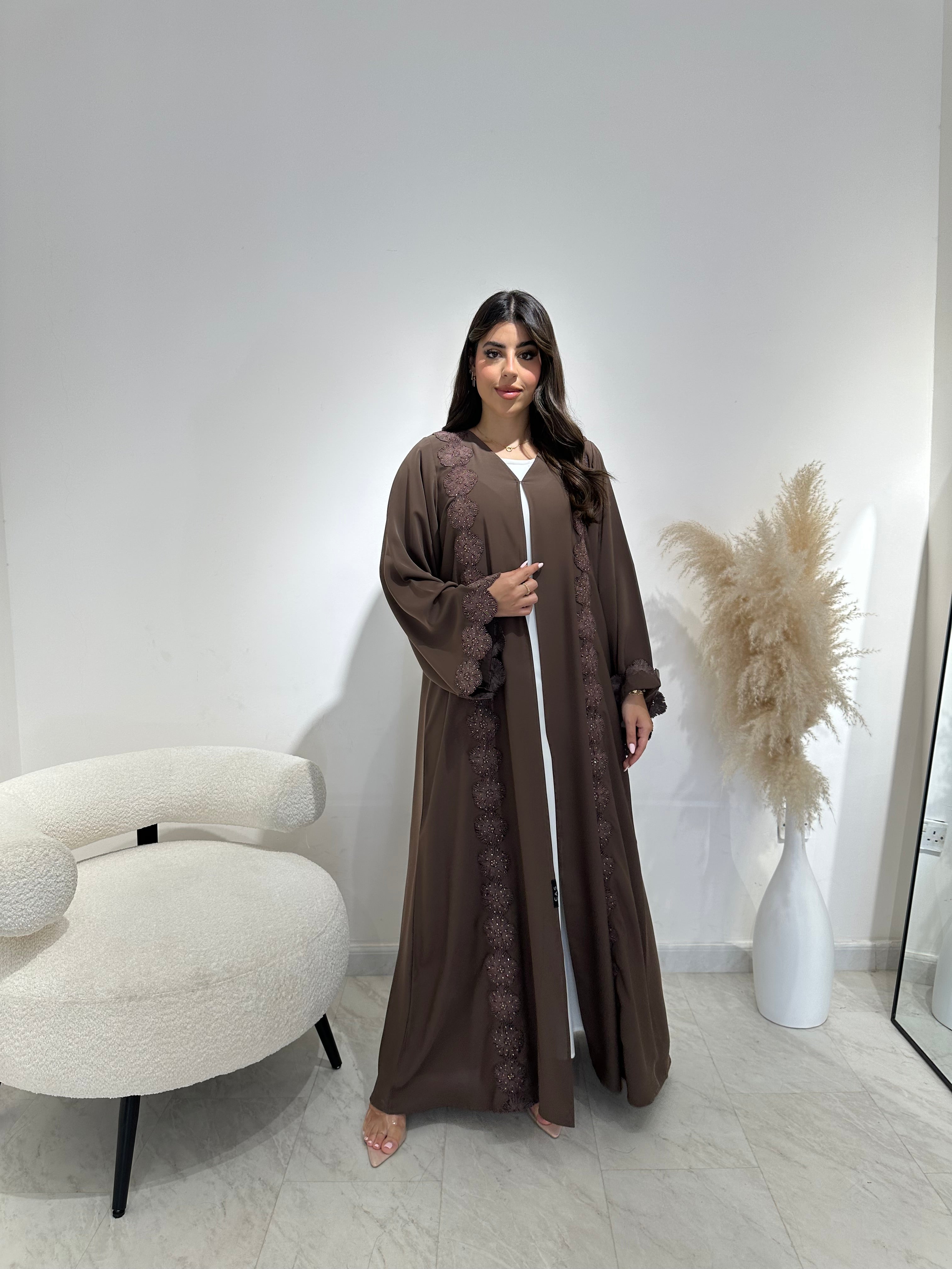 C 1412 Brown Floral Lace Abaya