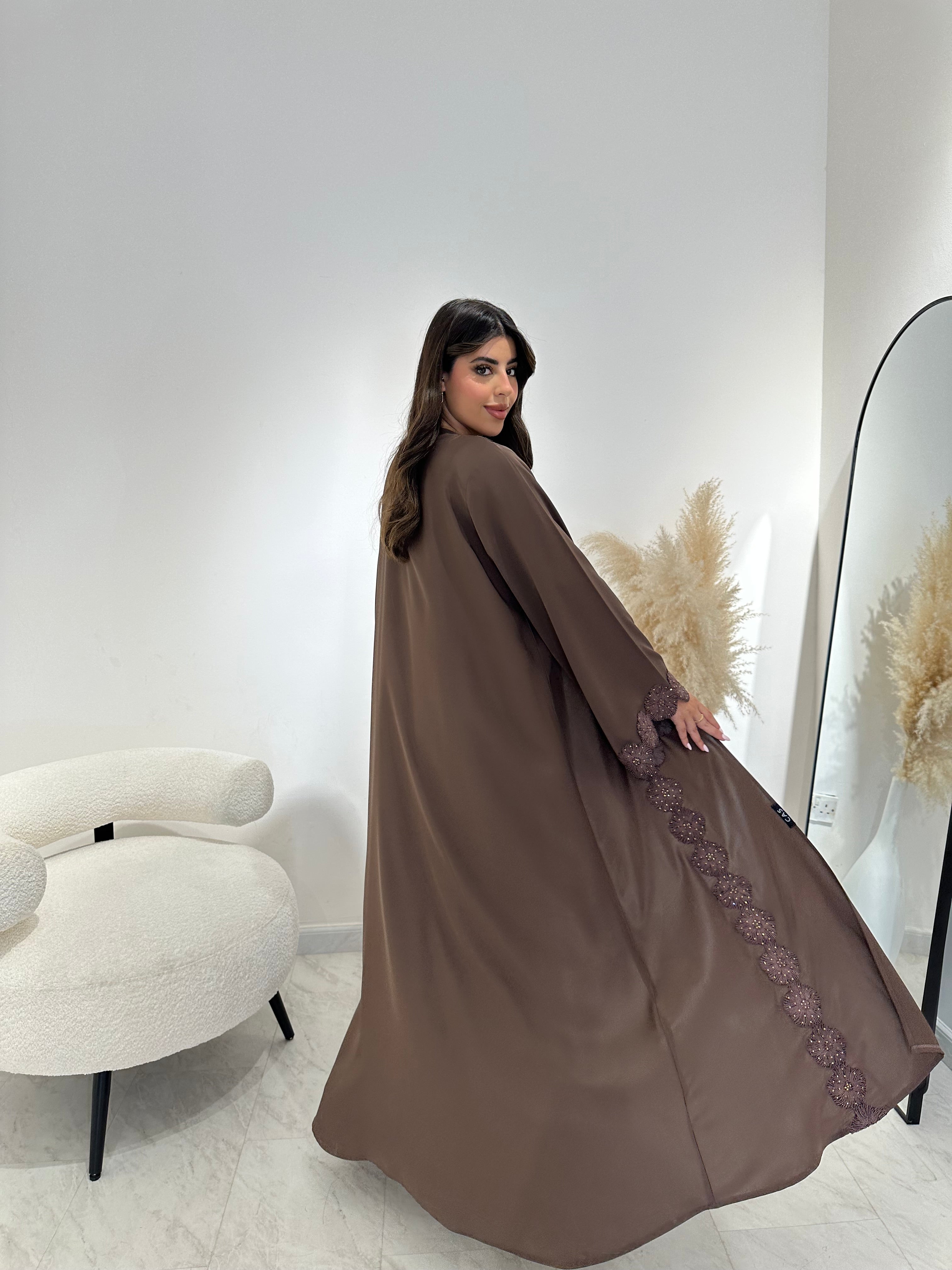C 1412 Brown Floral Lace Abaya
