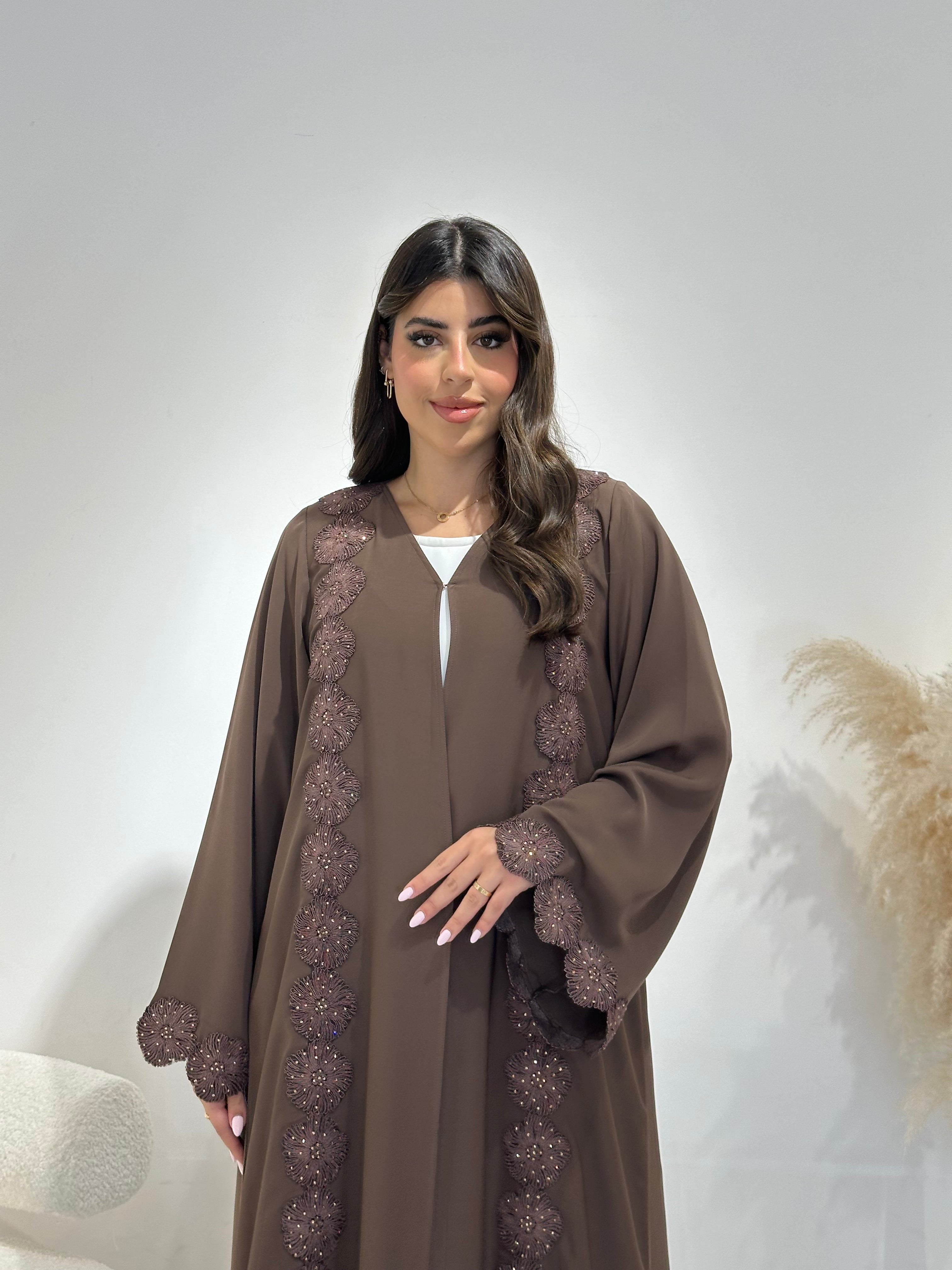 C 1412 Brown Floral Lace Abaya