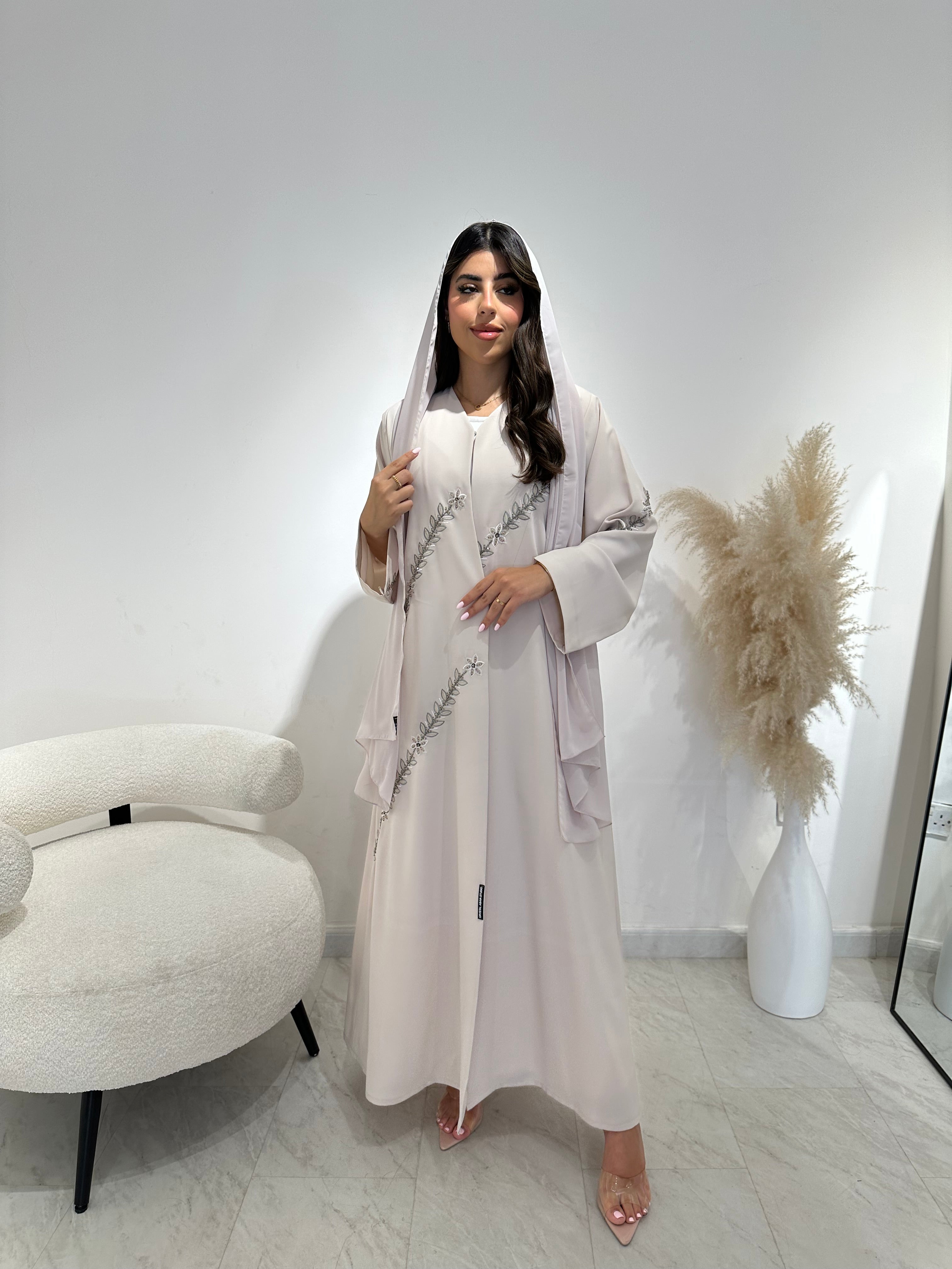 C 1411 Ivory Floral Beaded Abaya