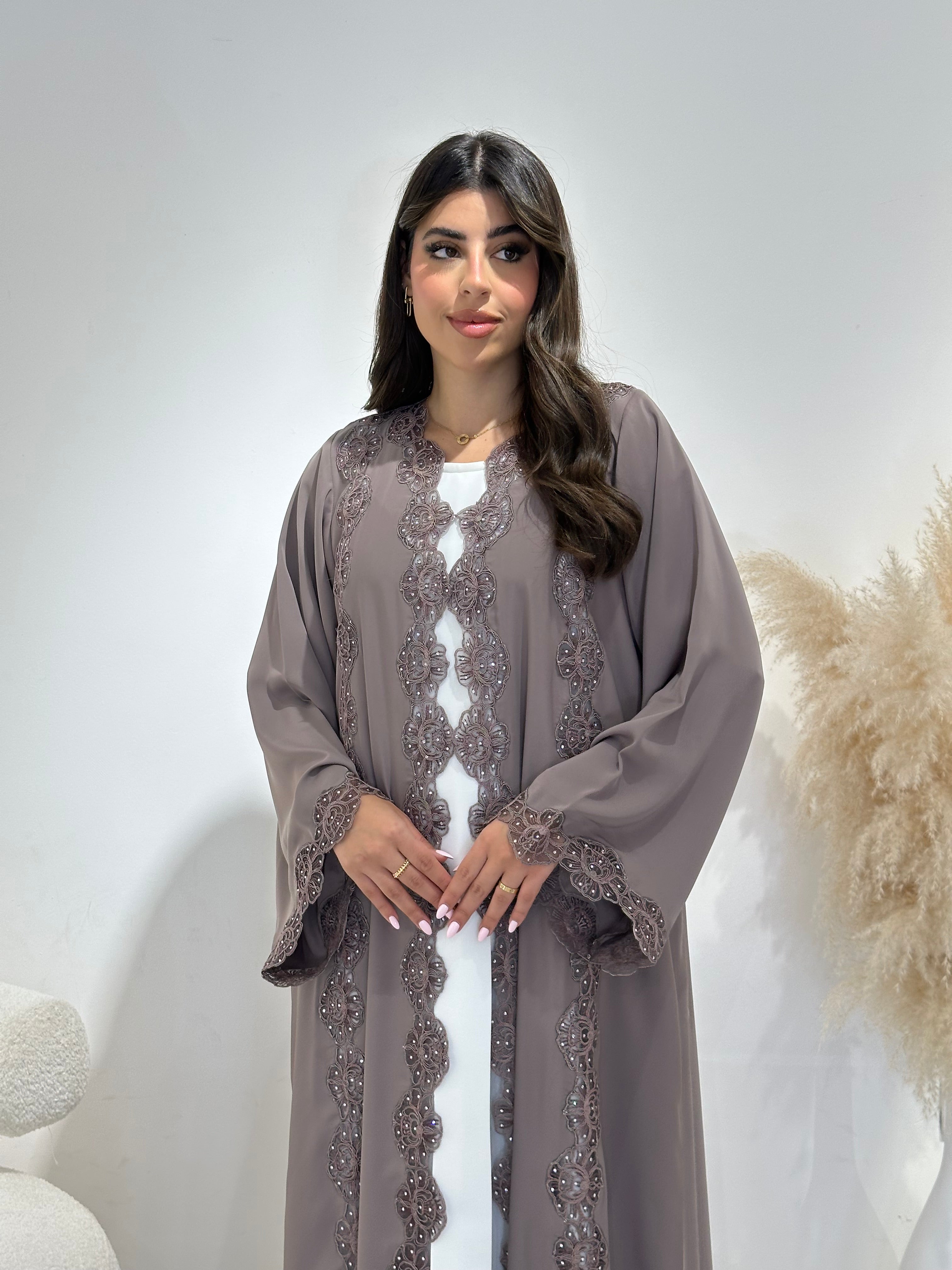 C 1409 Ash Floral Lace Abaya