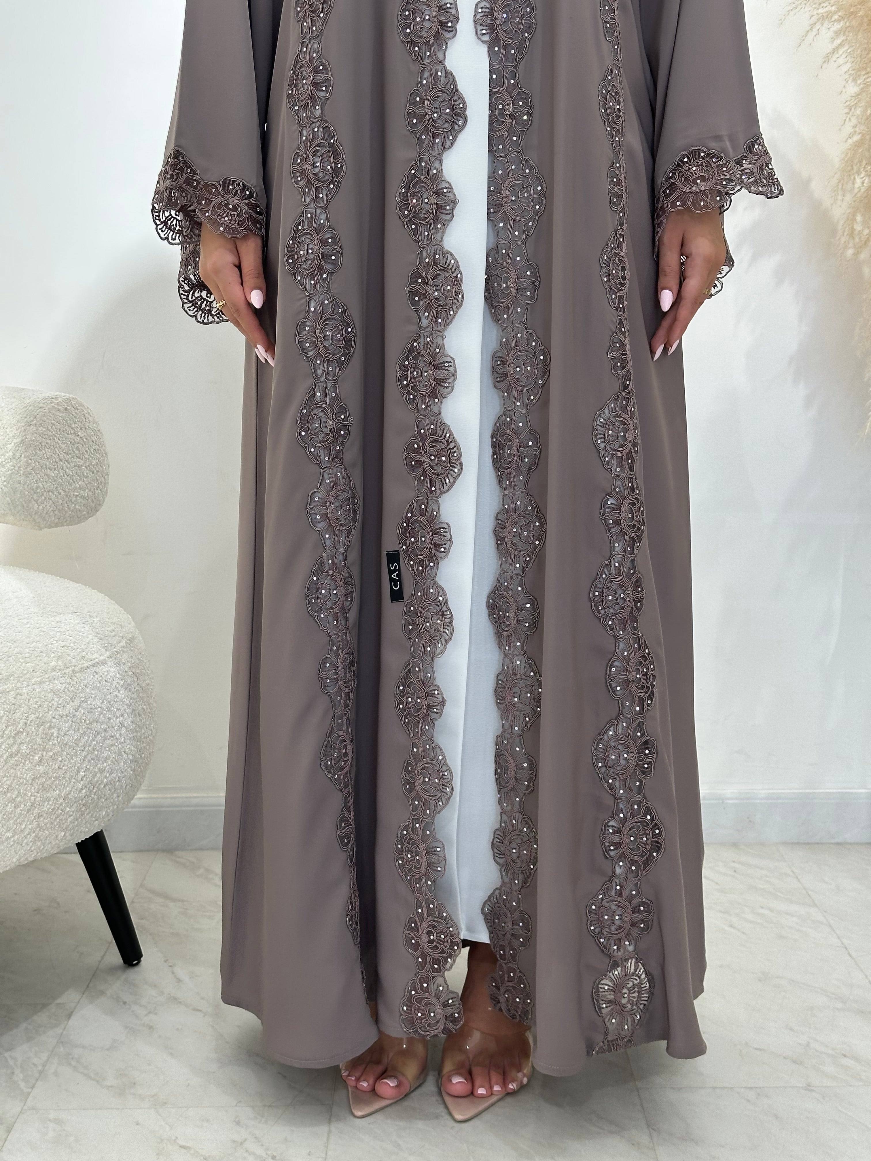 C 1409 Ash Floral Lace Abaya