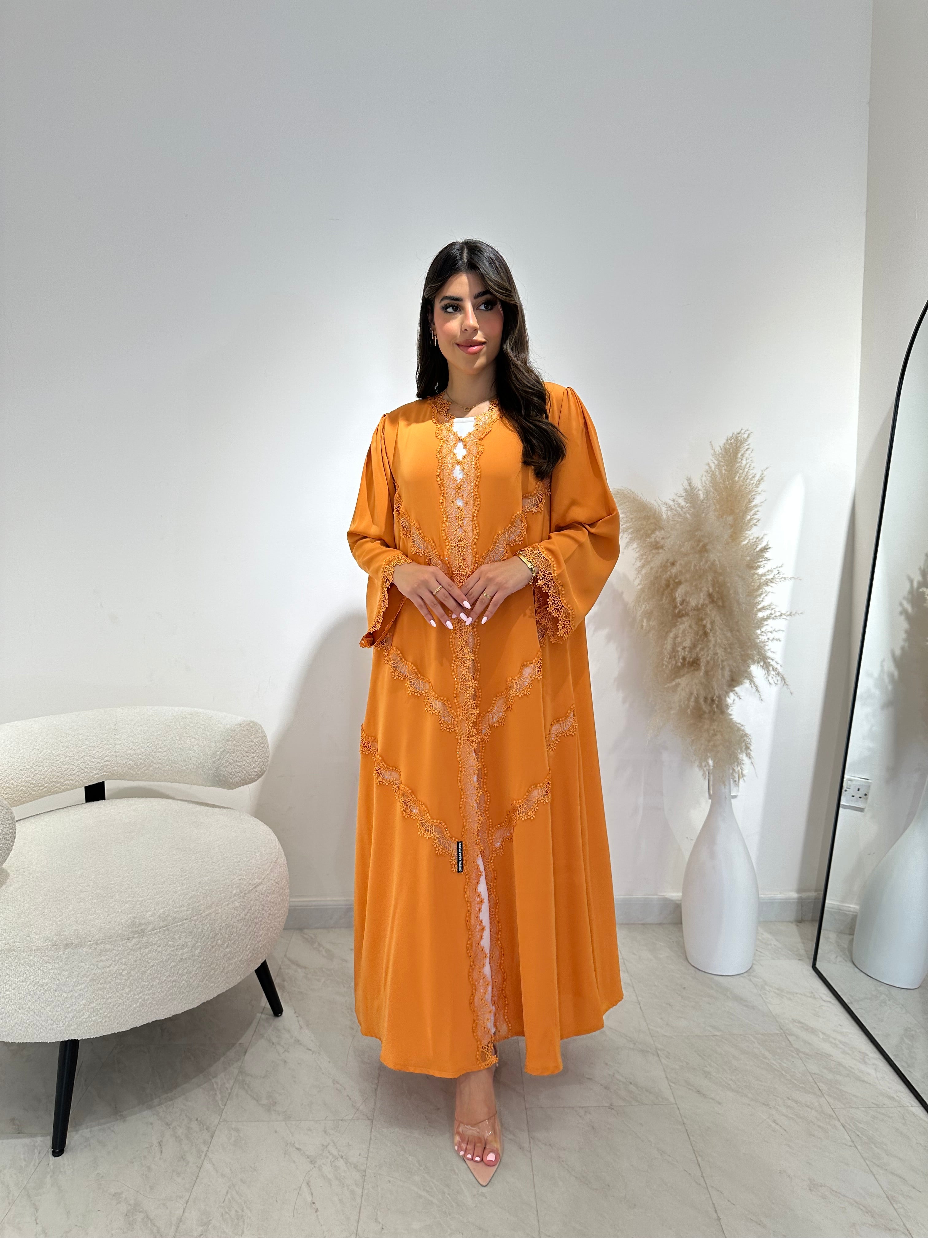 C 1408 Apricot Lace Abaya
