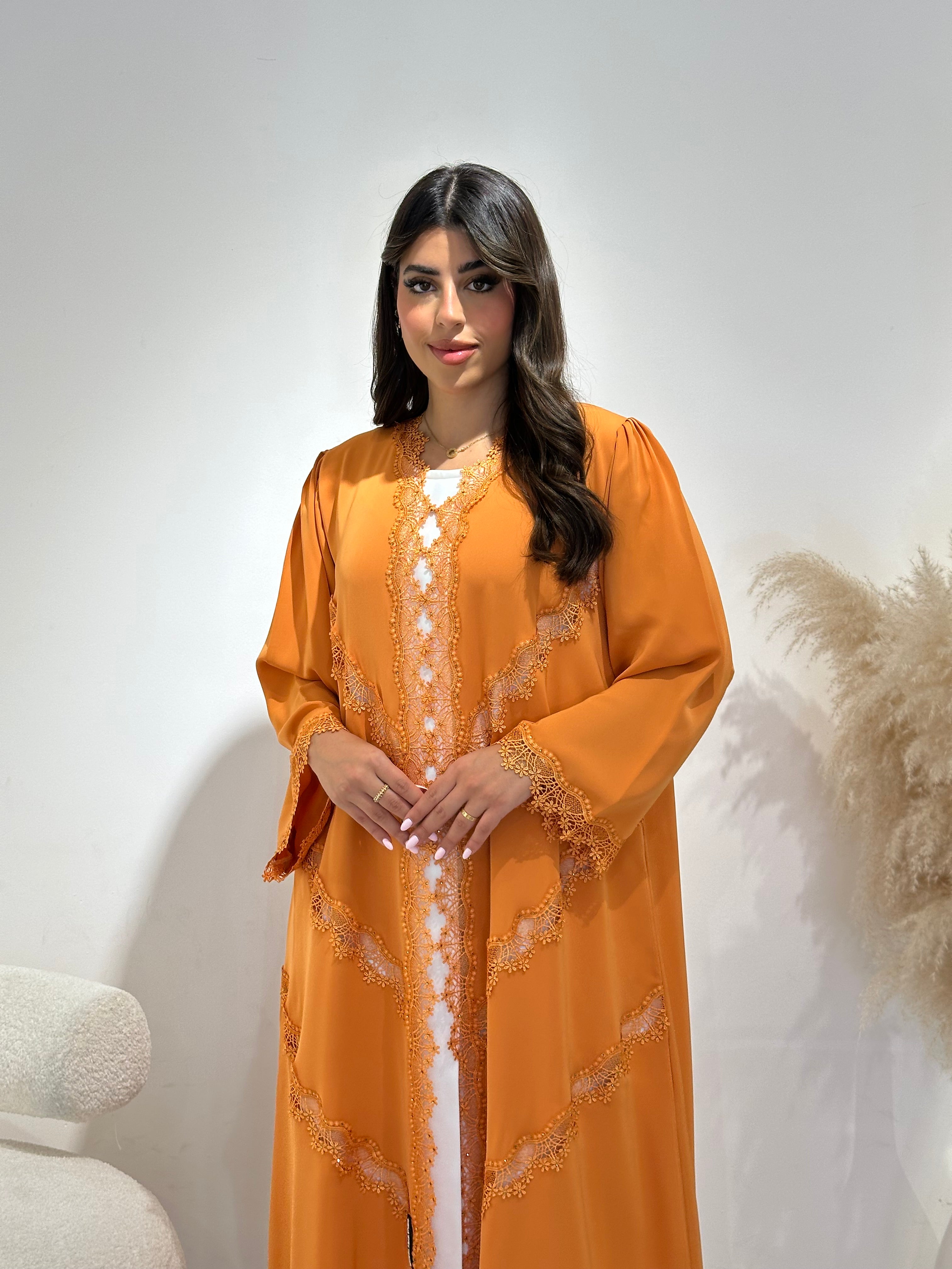 C 1408 Apricot Lace Abaya