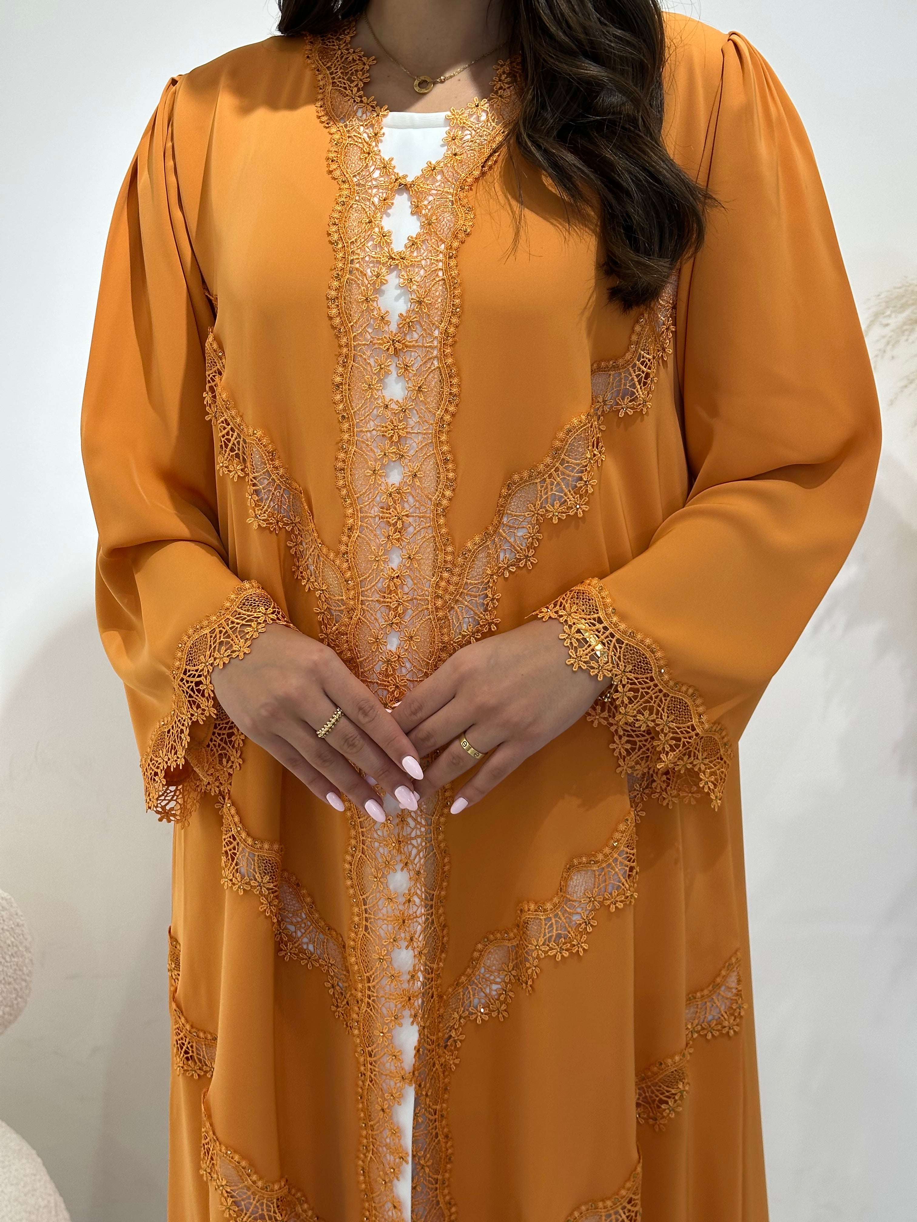 C 1408 Apricot Lace Abaya