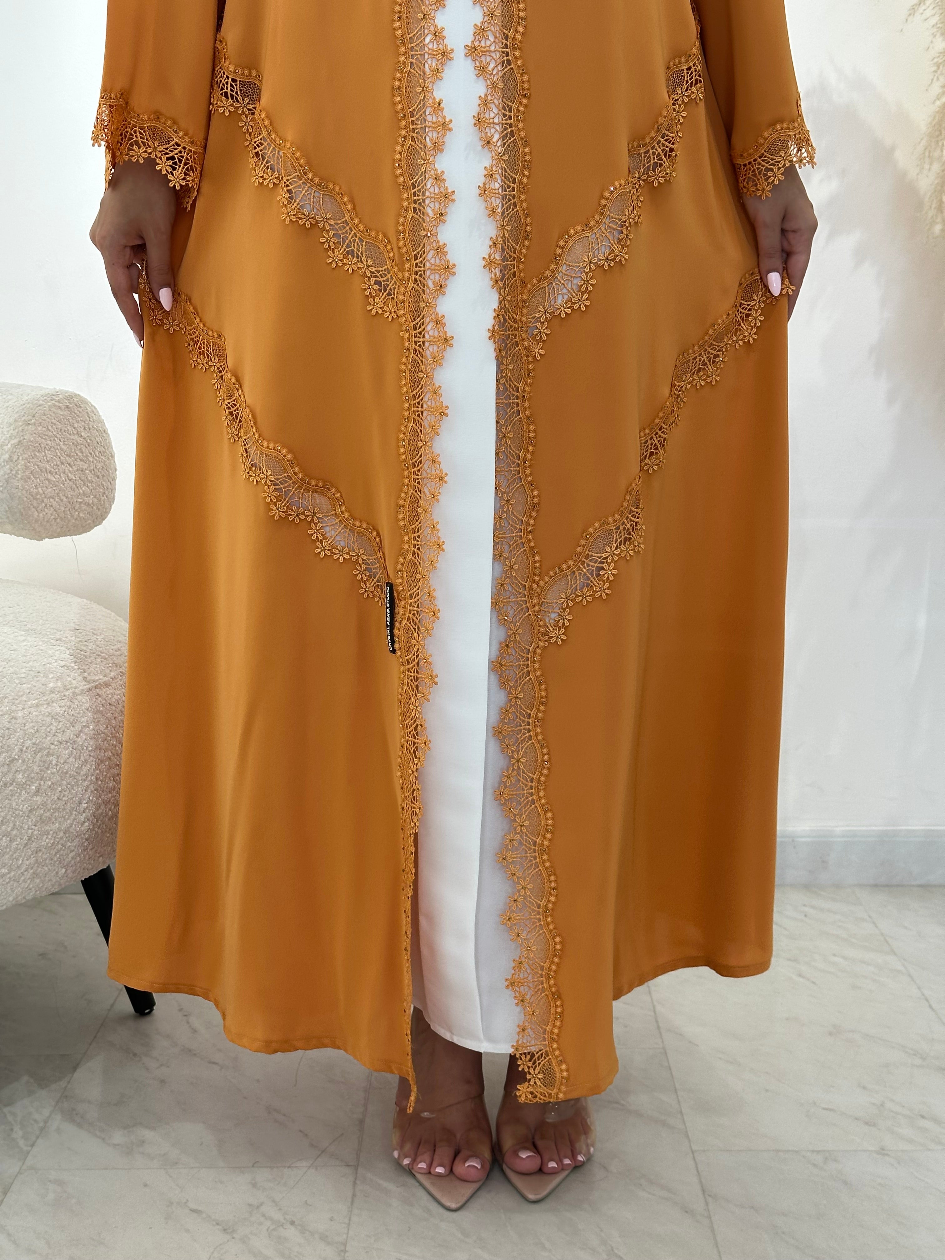 C 1408 Apricot Lace Abaya