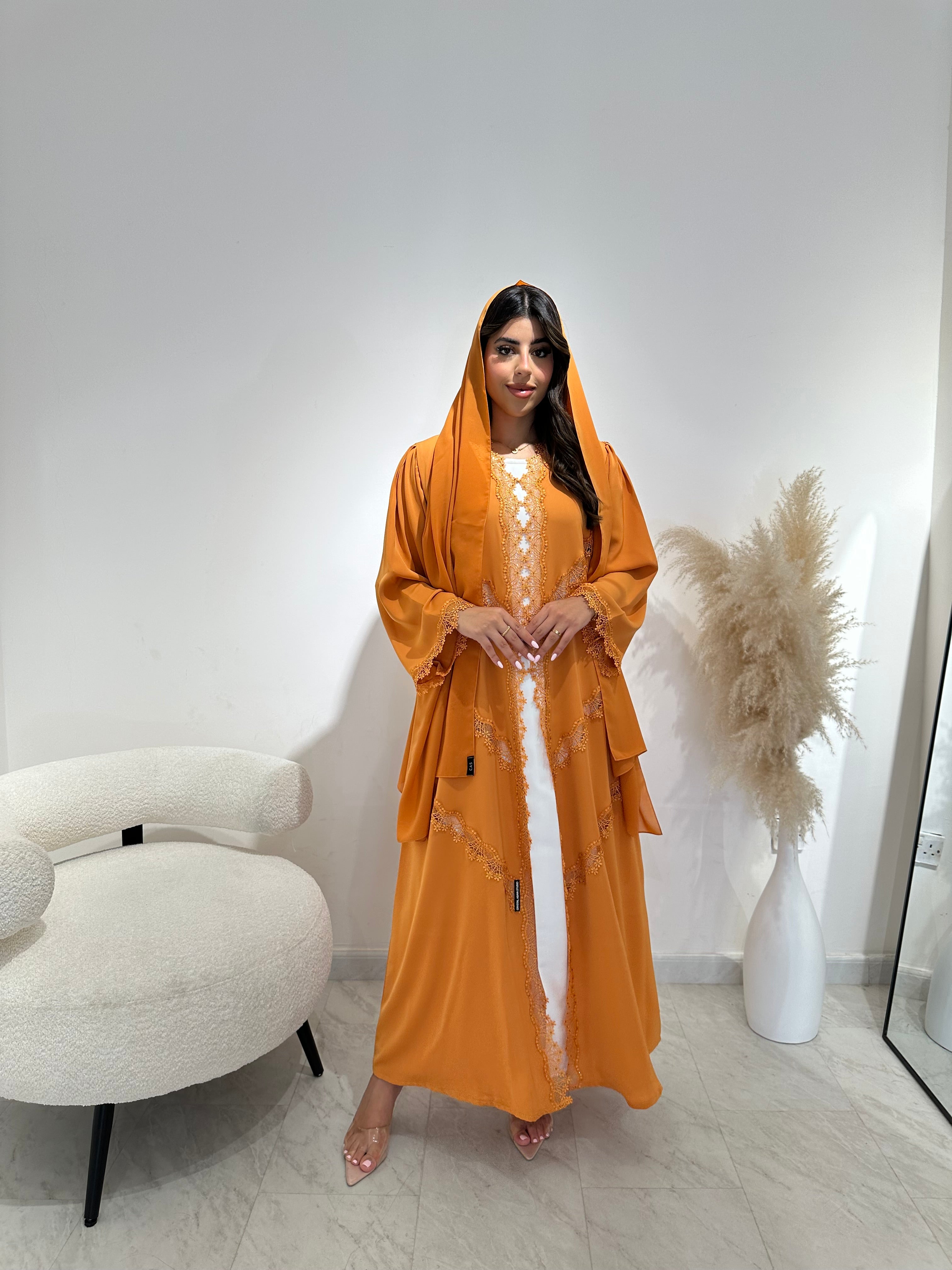 C 1408 Apricot Lace Abaya