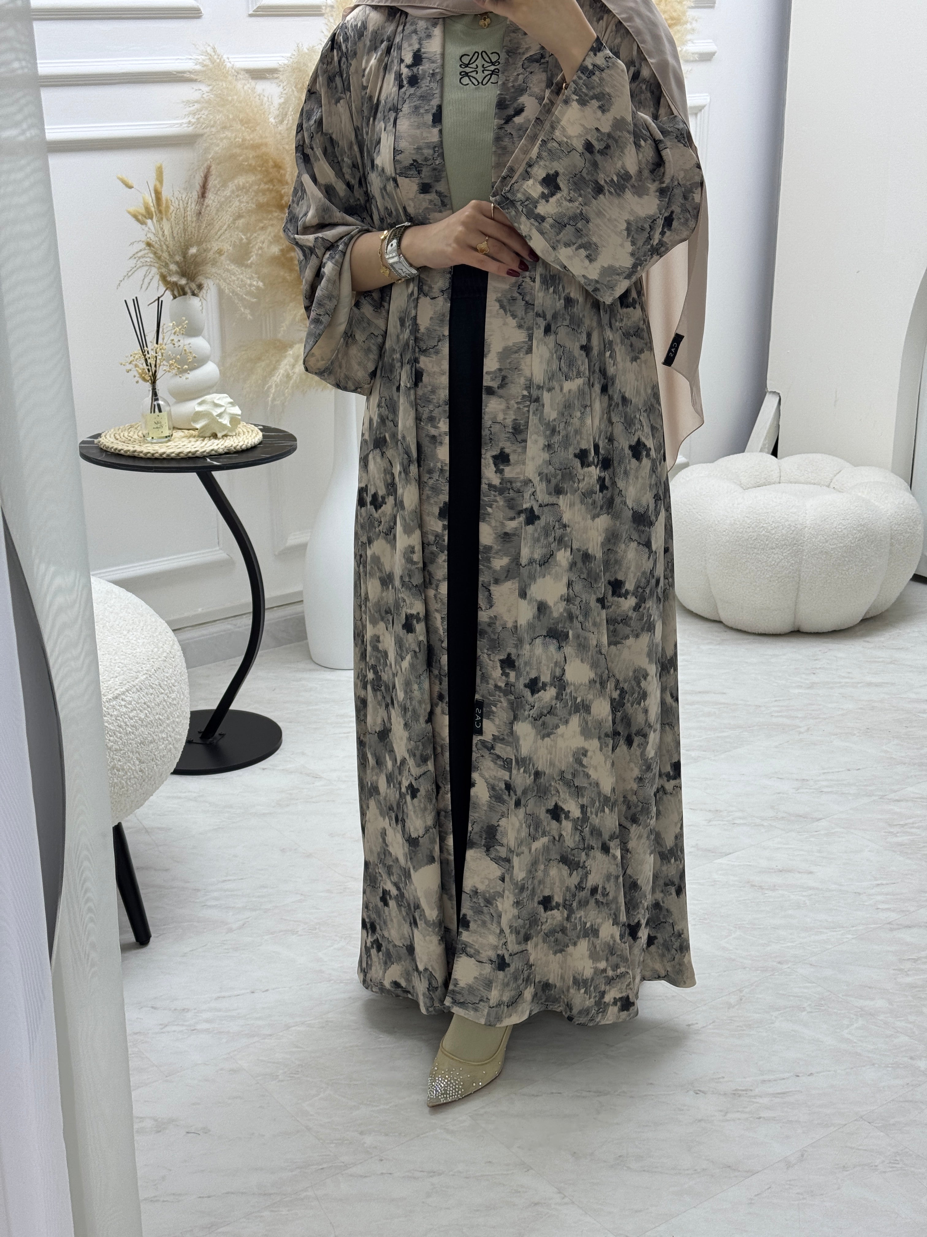 C 1007-03 Cream Printed Abaya