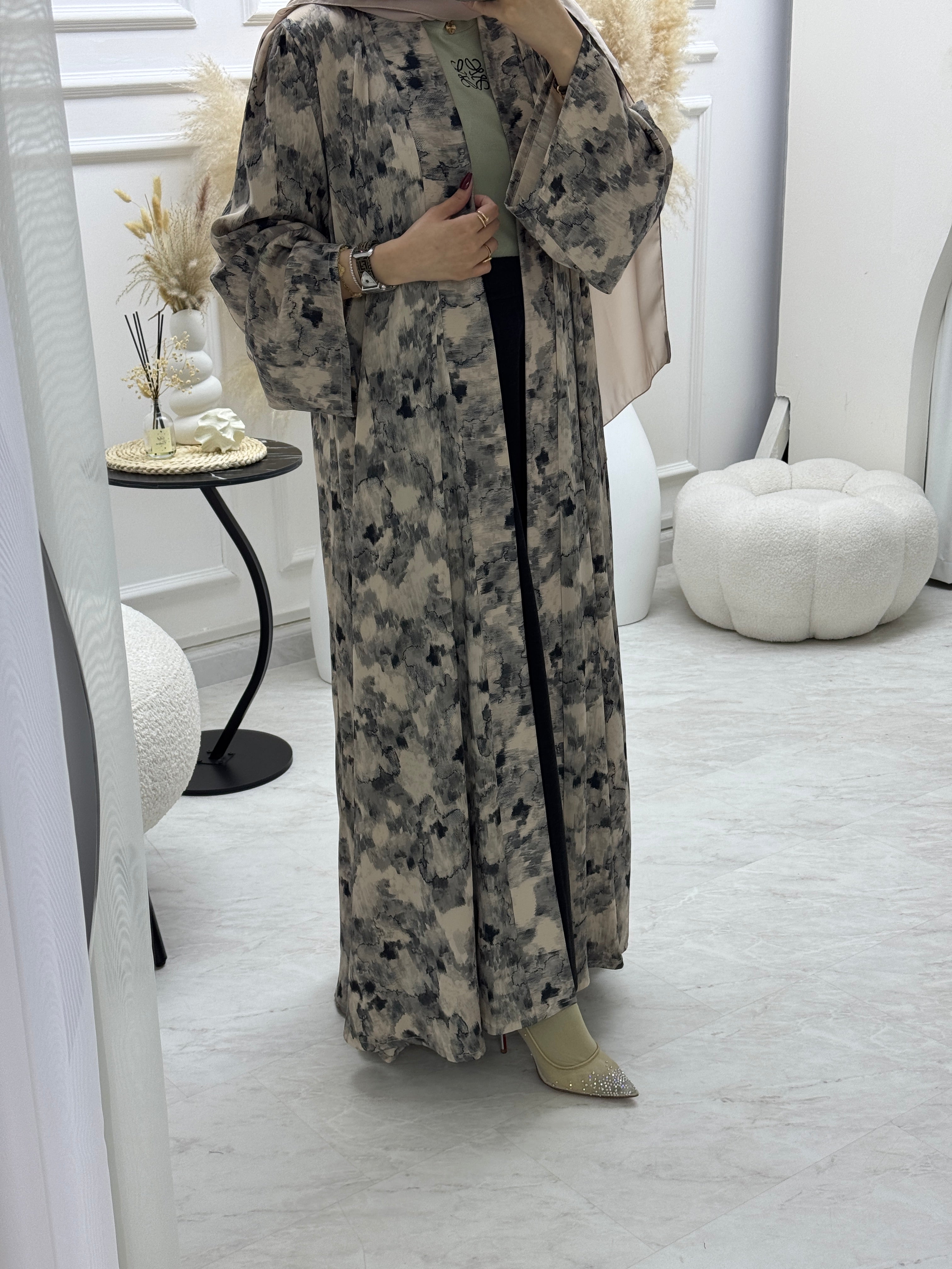 C 1007-03 Cream Printed Abaya