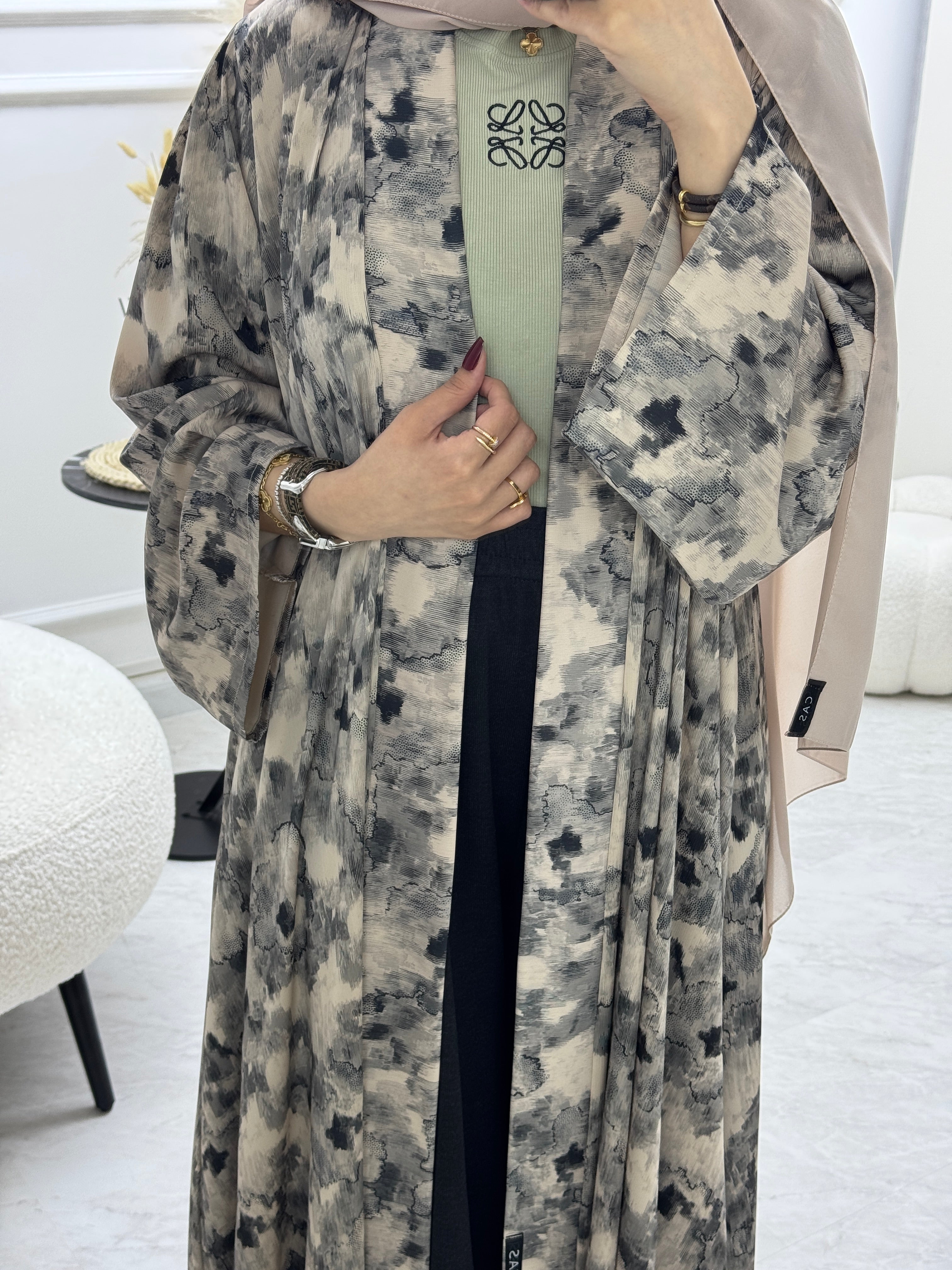 C 1007-03 Cream Printed Abaya