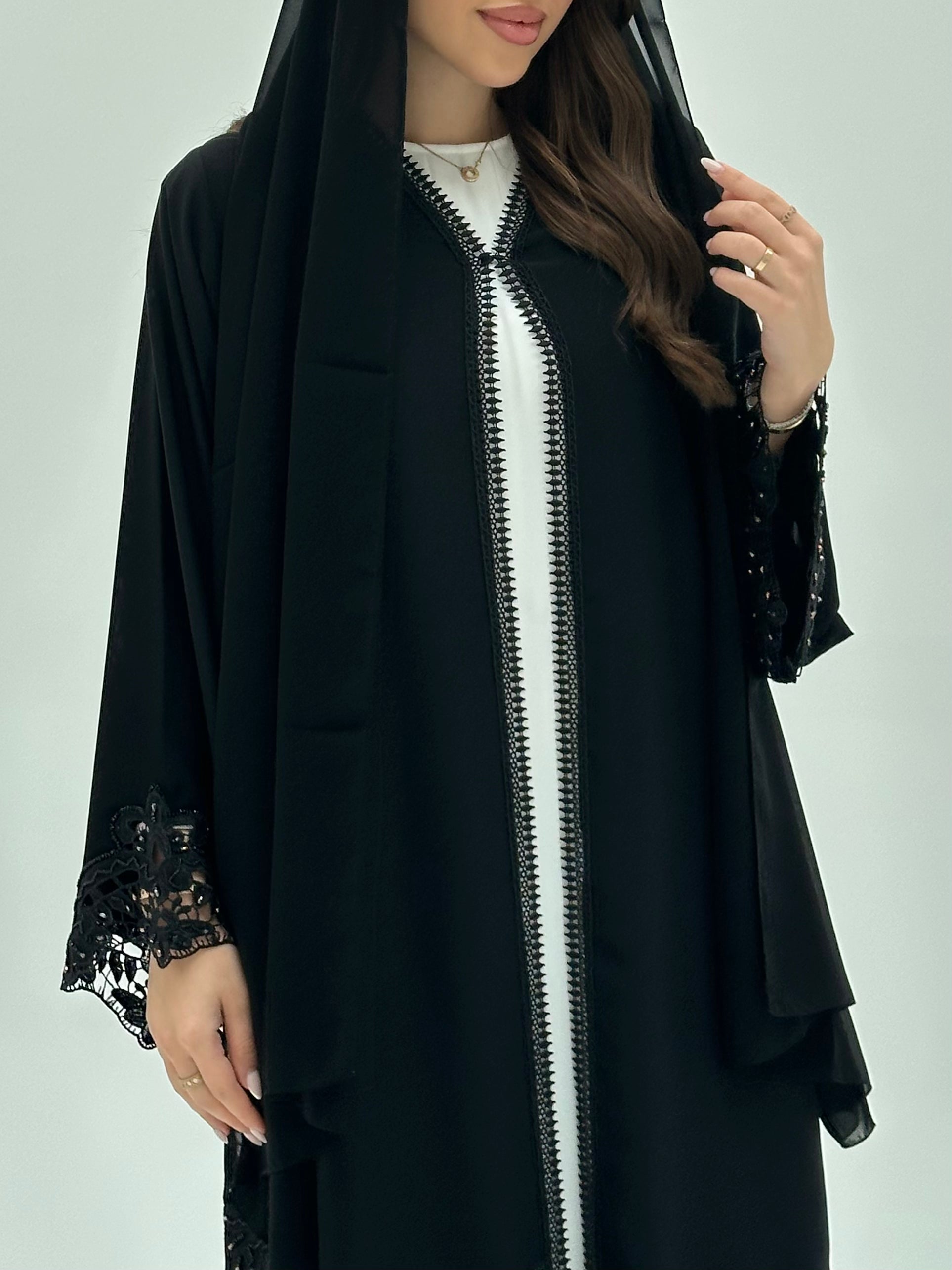 C 1924 Black Beaded Lace Abaya