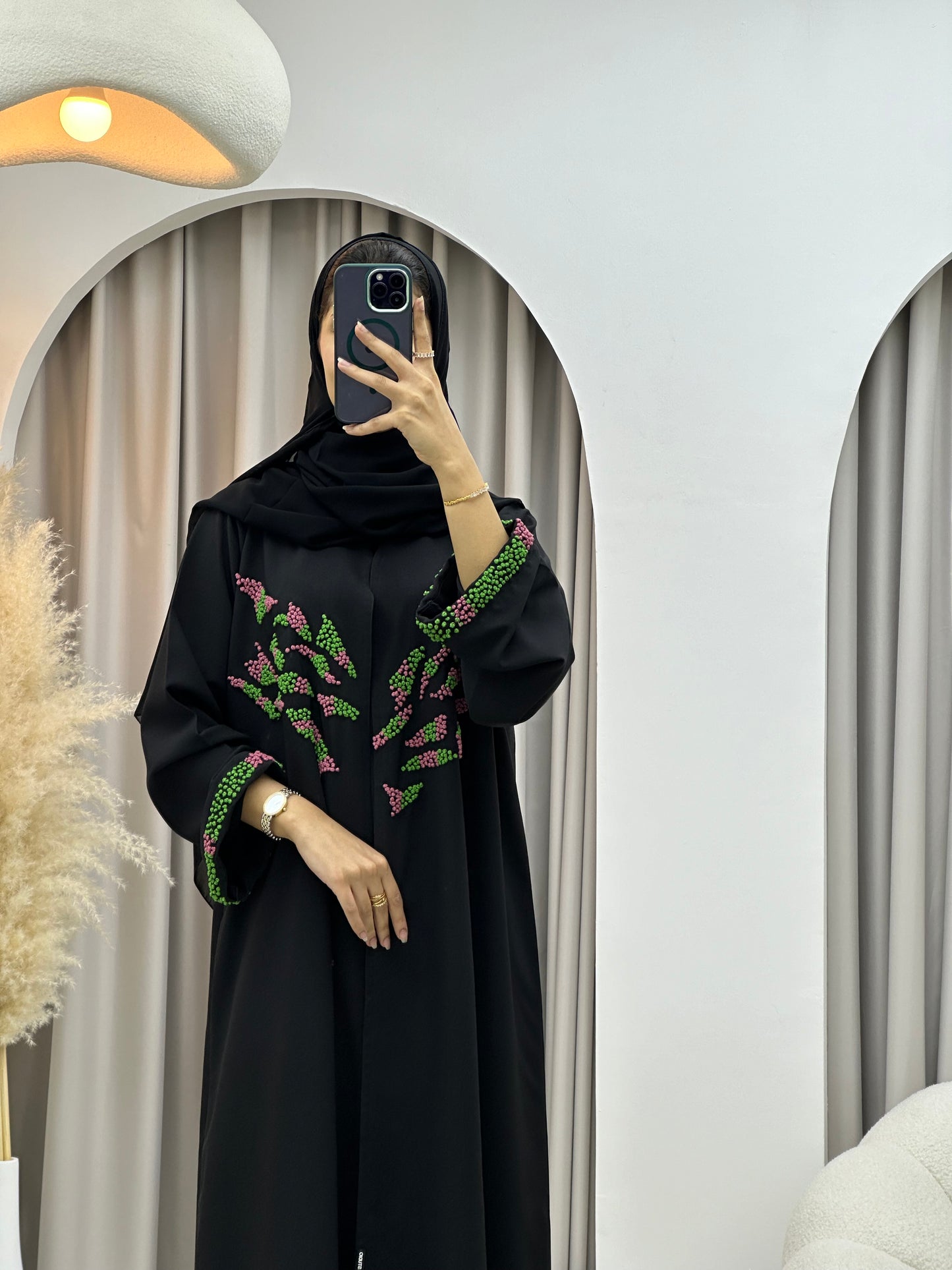 C 0233-02 Green Embroidered Black Abaya