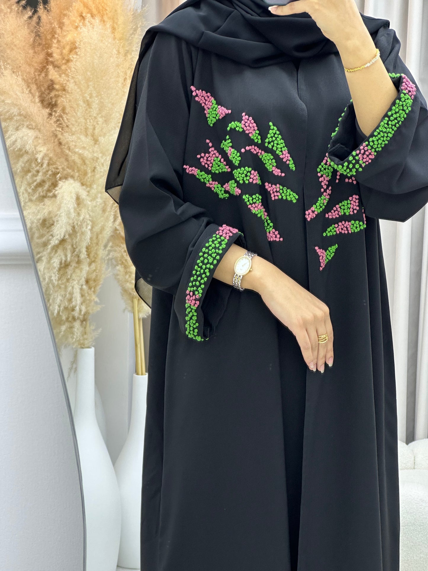 C 0233-02 Green Embroidered Black Abaya