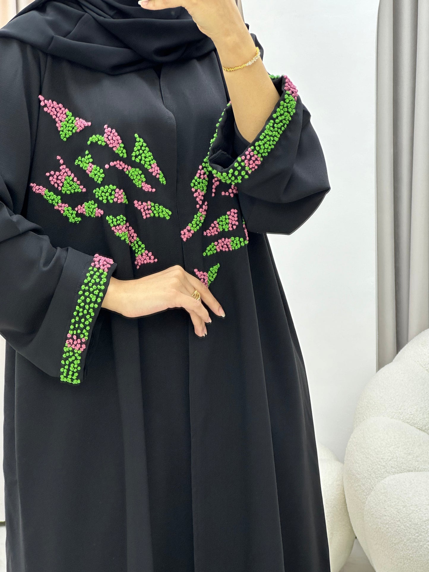 C 0233-02 Green Embroidered Black Abaya