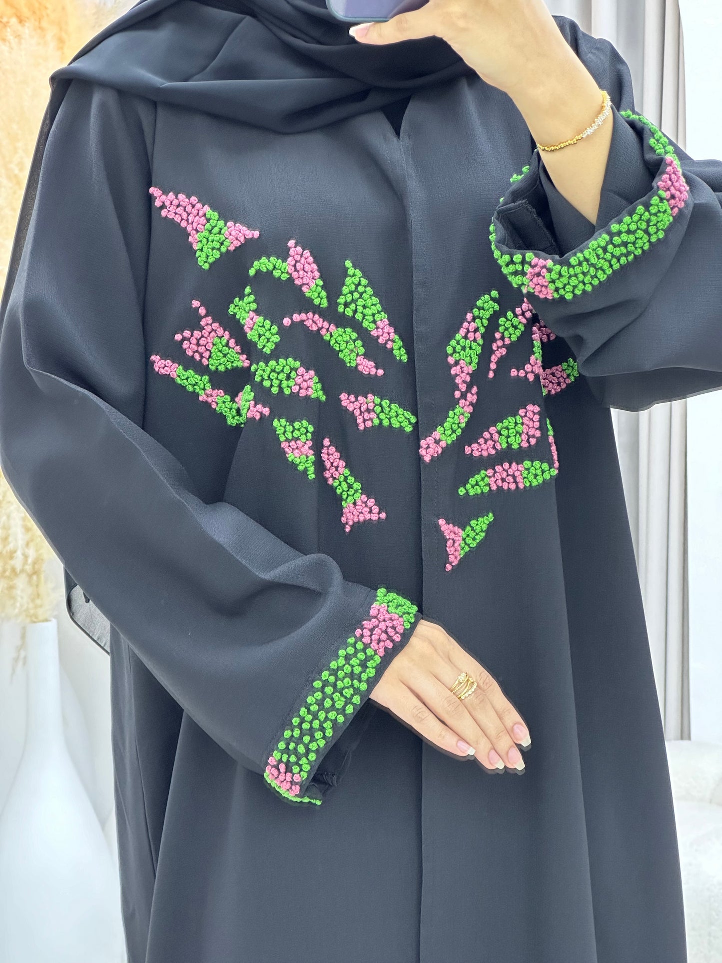 C 0233-02 Green Embroidered Black Abaya