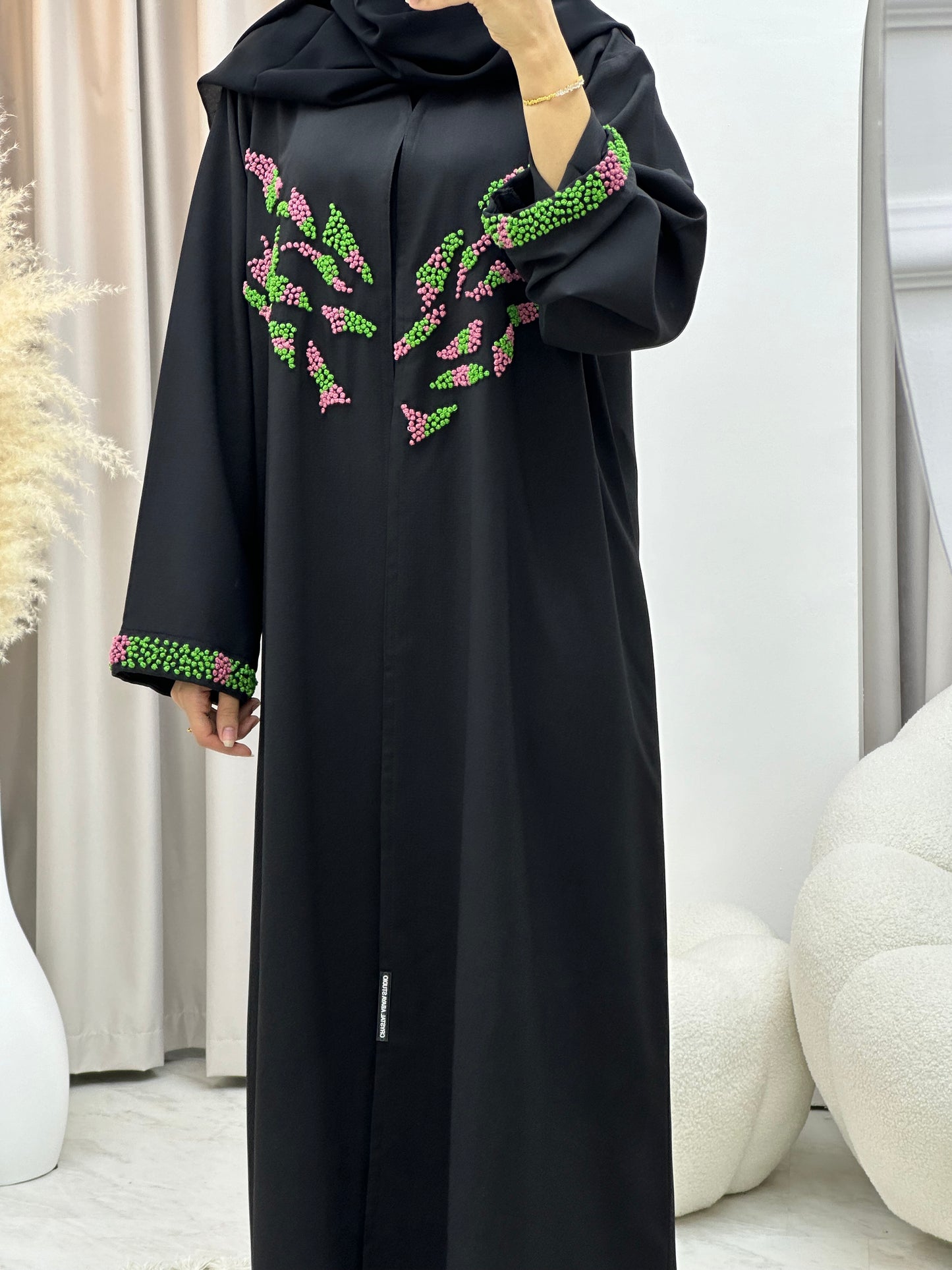 C 0233-02 Green Embroidered Black Abaya