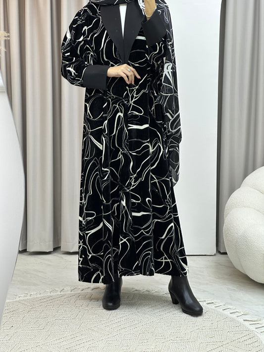 C Velvet Swirl Black White Winter Abaya