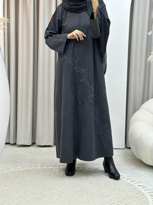 C RTW Grey Embroidery Suede Abaya