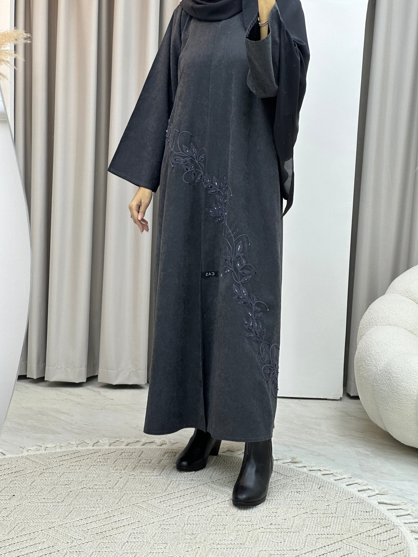 C RTW Grey Embroidery Suede Abaya