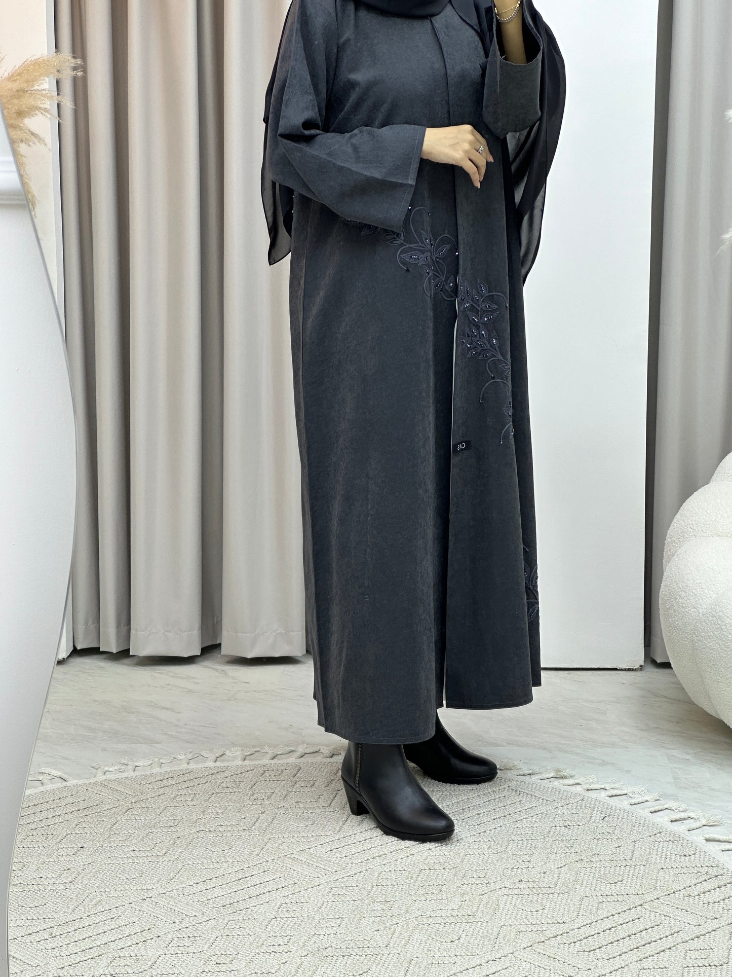 C Grey Embroidery Suede Abaya