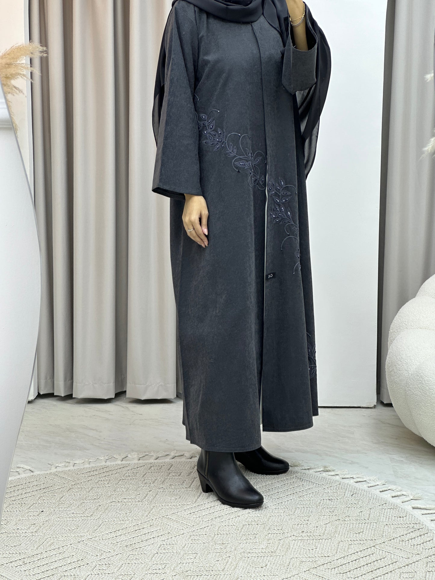 C Grey Embroidery Suede Abaya