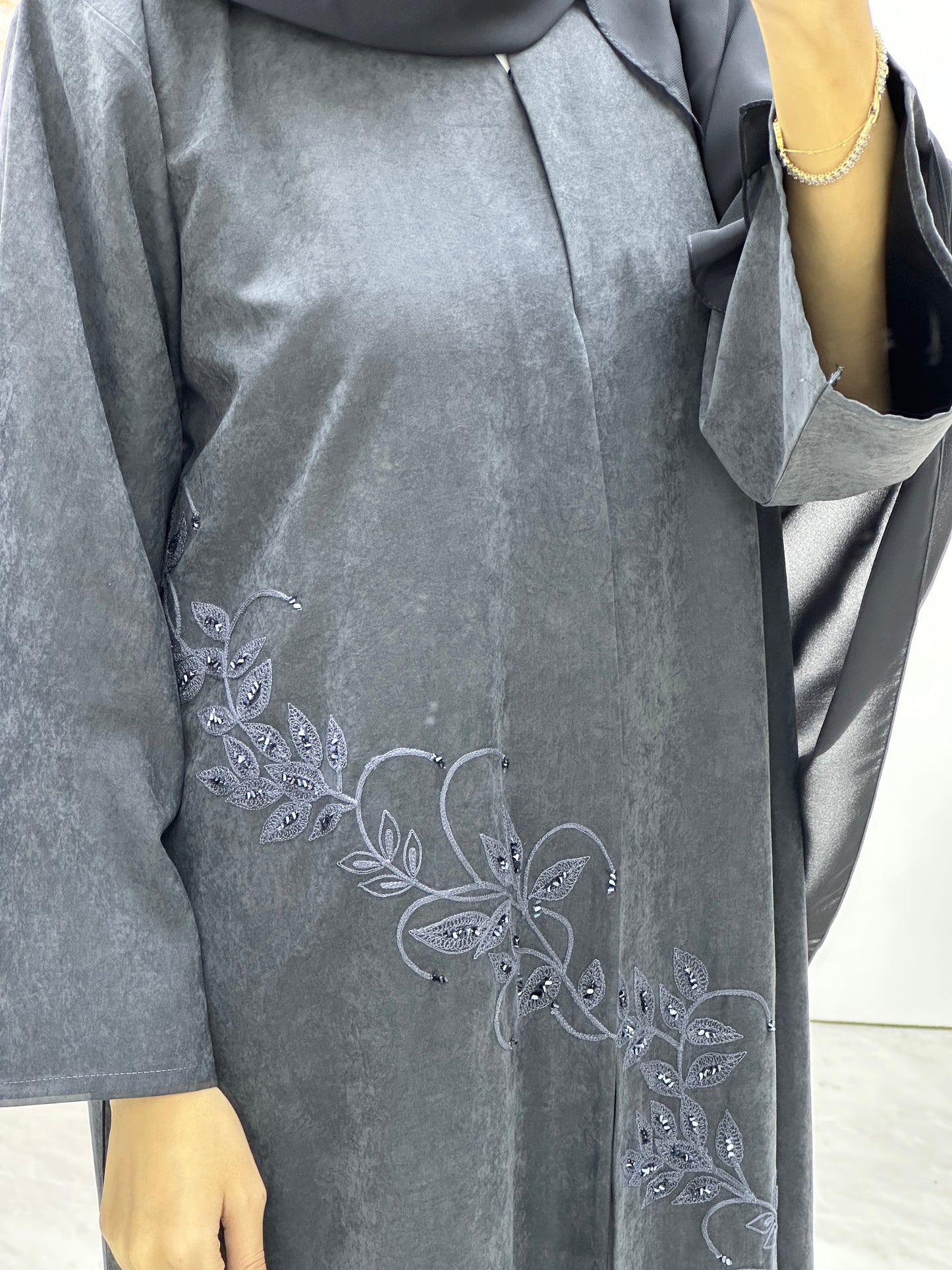 C Grey Embroidery Suede Abaya