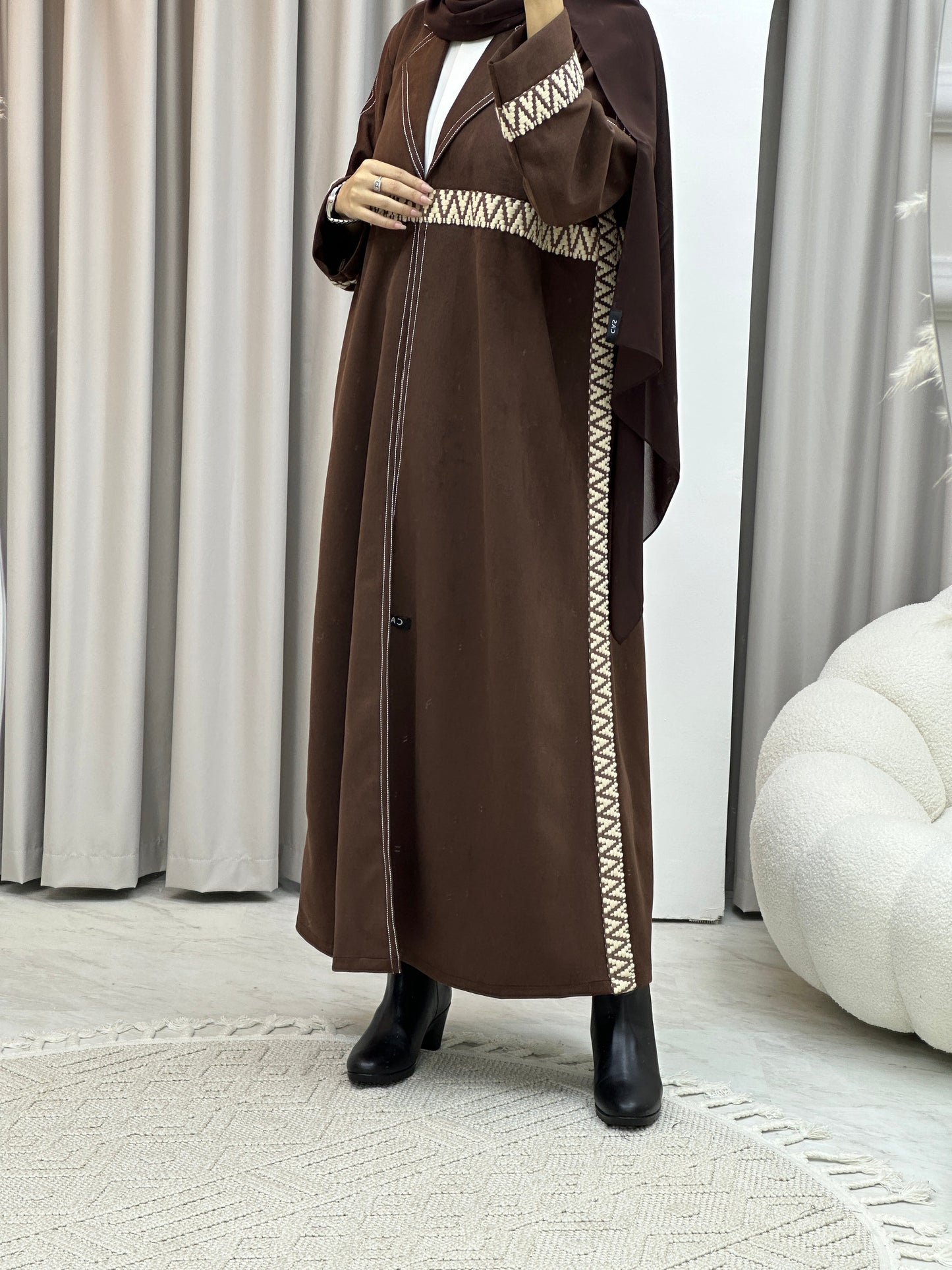 C RTW Brown Lace Suede Winter Abaya