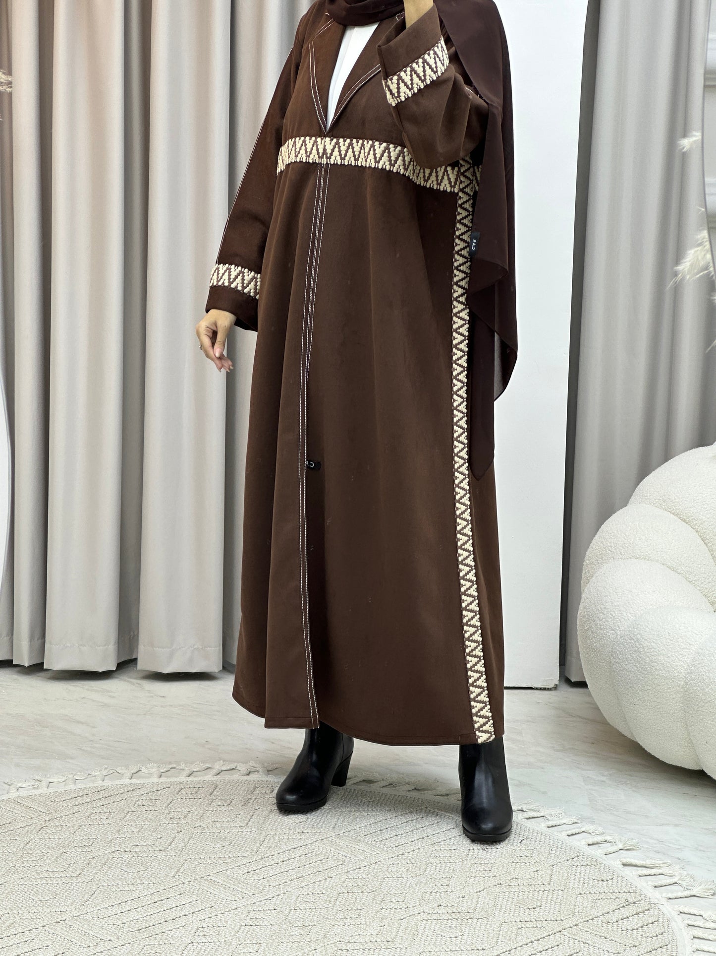 C RTW Brown Lace Suede Winter Abaya