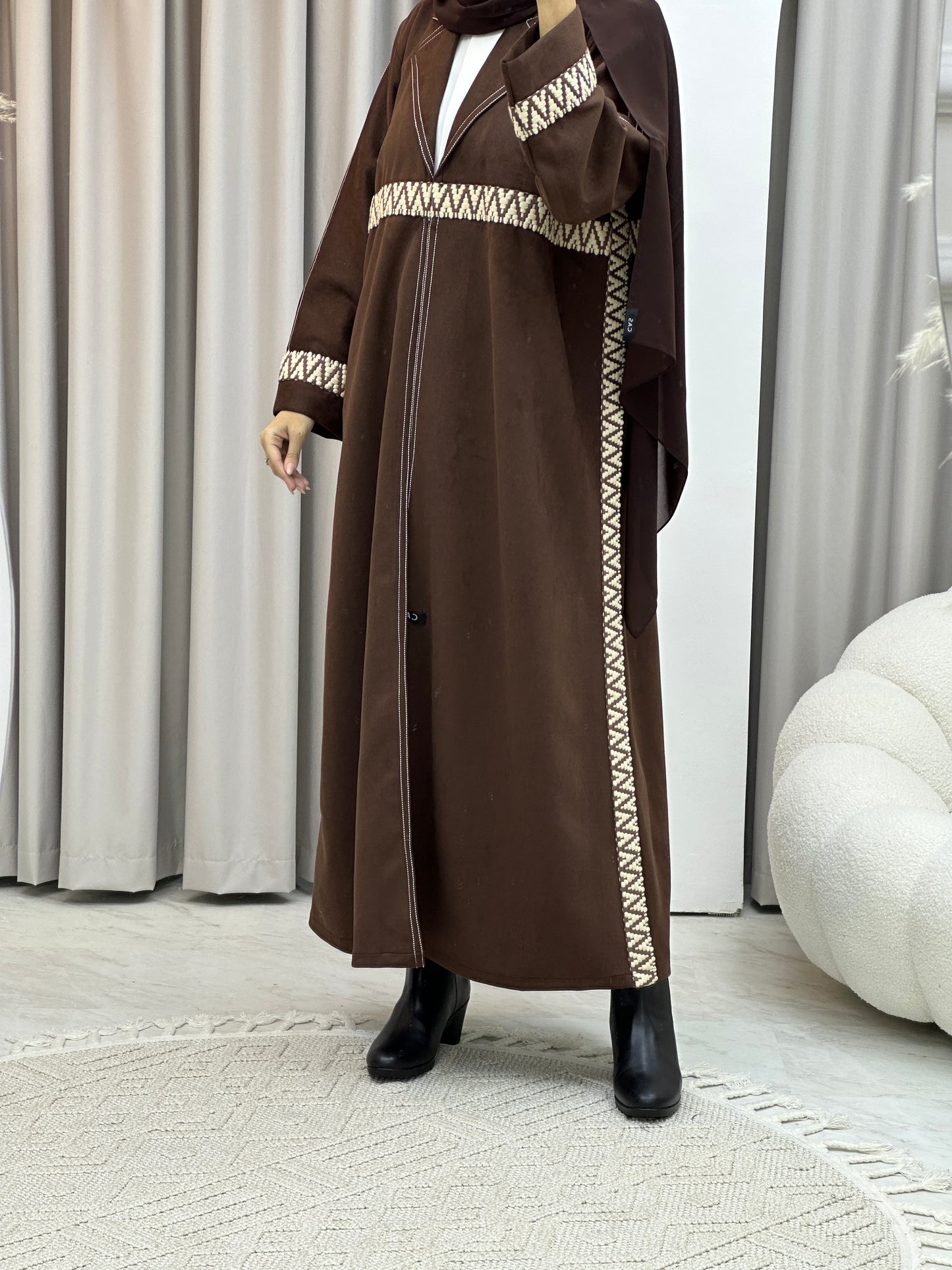 C Brown Lace Suede Winter Abaya