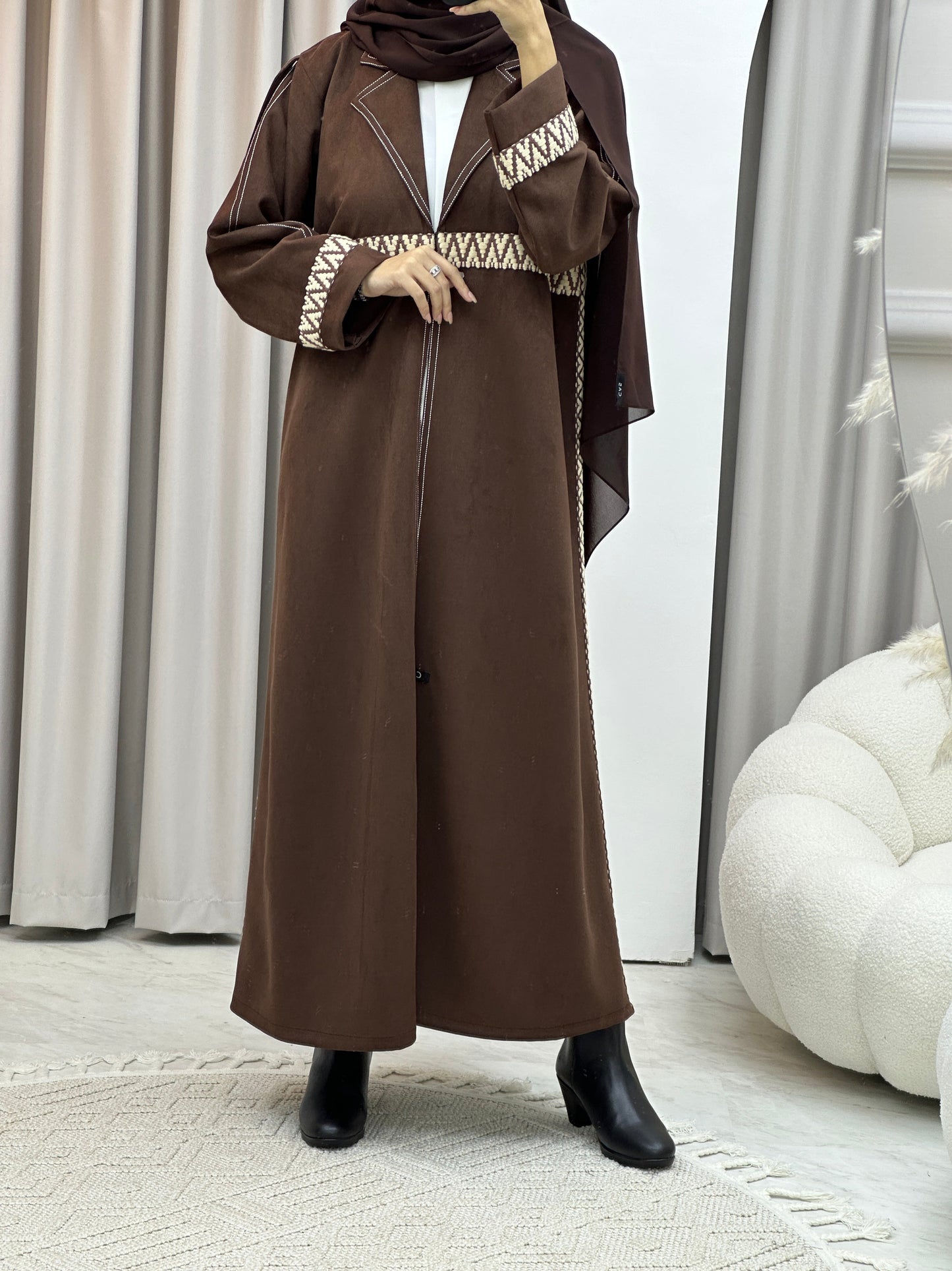 C RTW Brown Lace Suede Winter Abaya