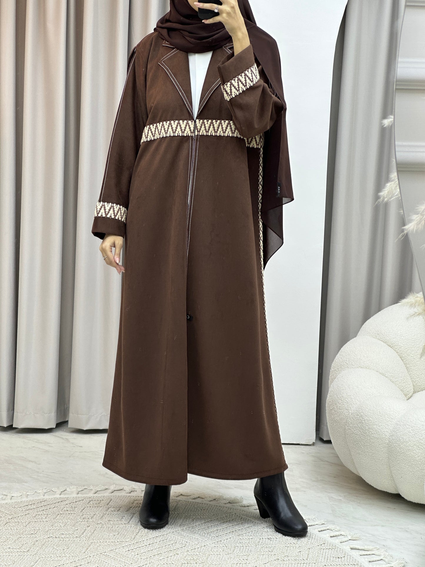 C RTW Brown Lace Suede Winter Abaya