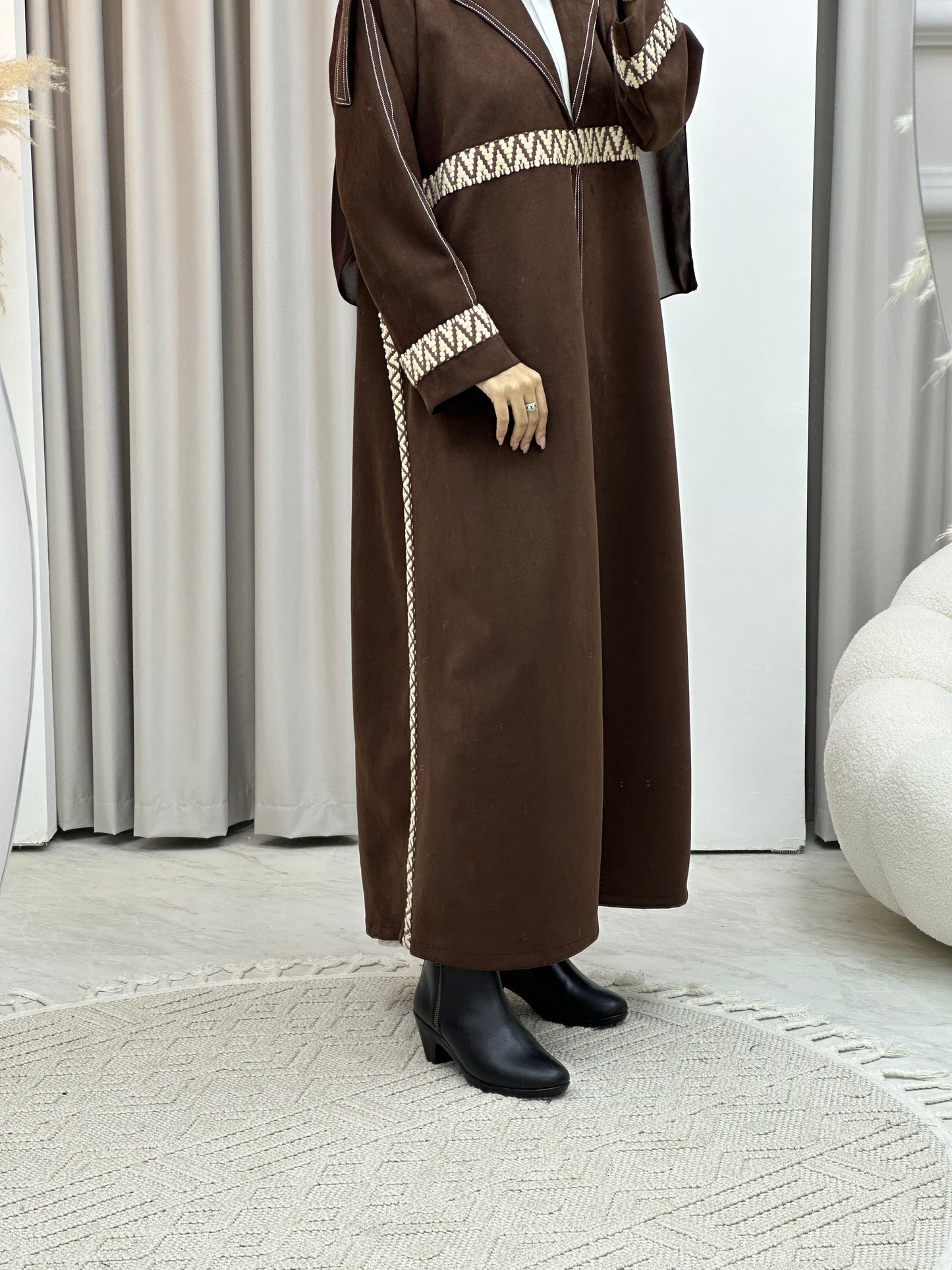 C RTW Brown Lace Suede Winter Abaya