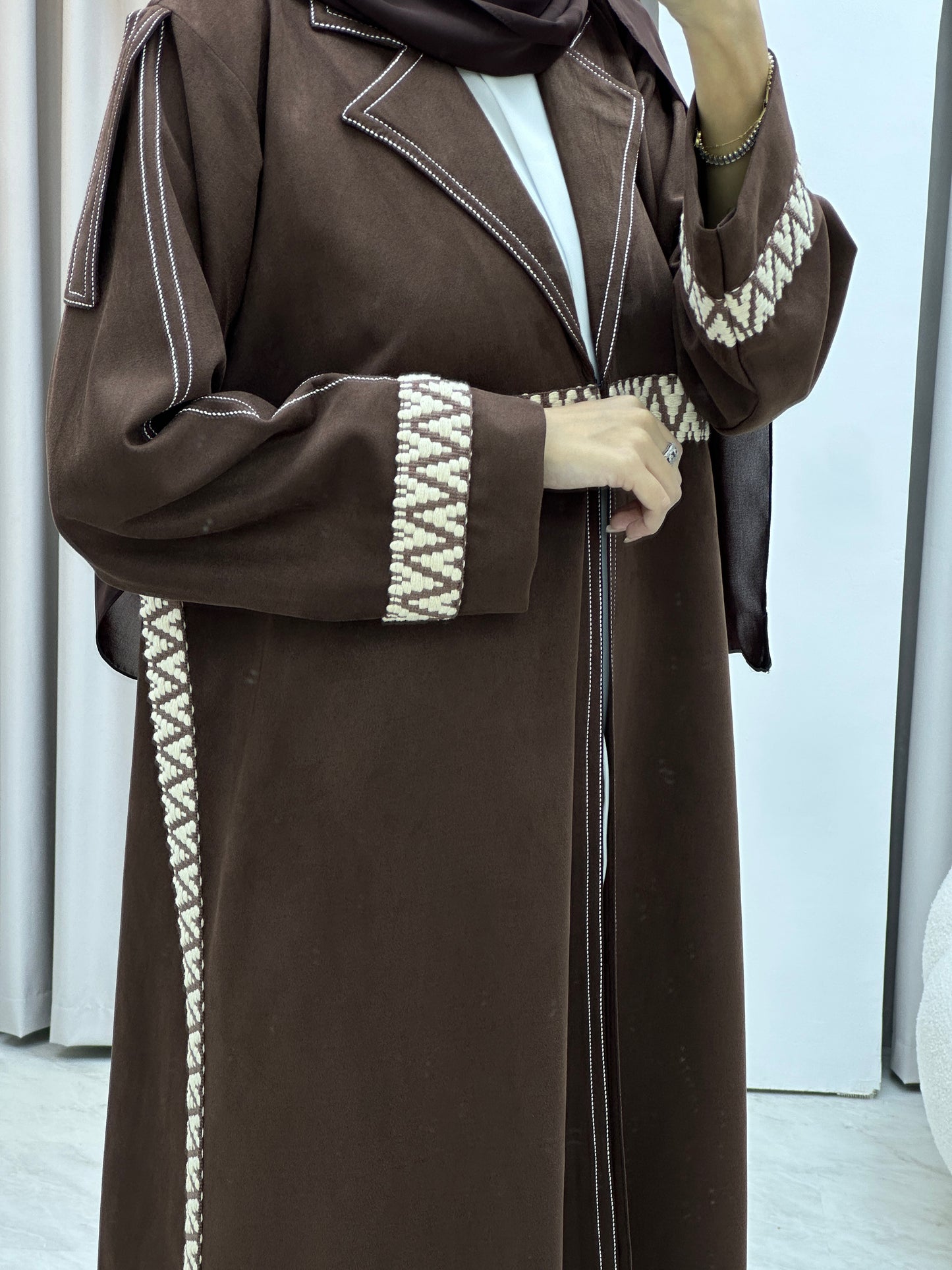 C Brown Lace Suede Winter Abaya