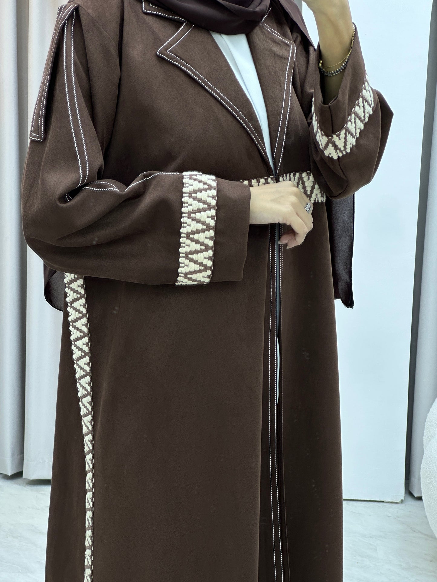 C RTW Brown Lace Suede Winter Abaya