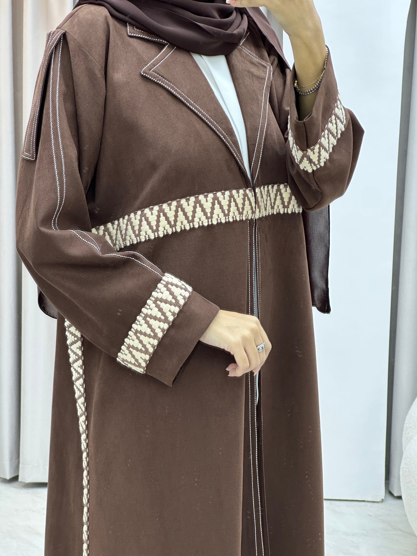 C RTW Brown Lace Suede Winter Abaya