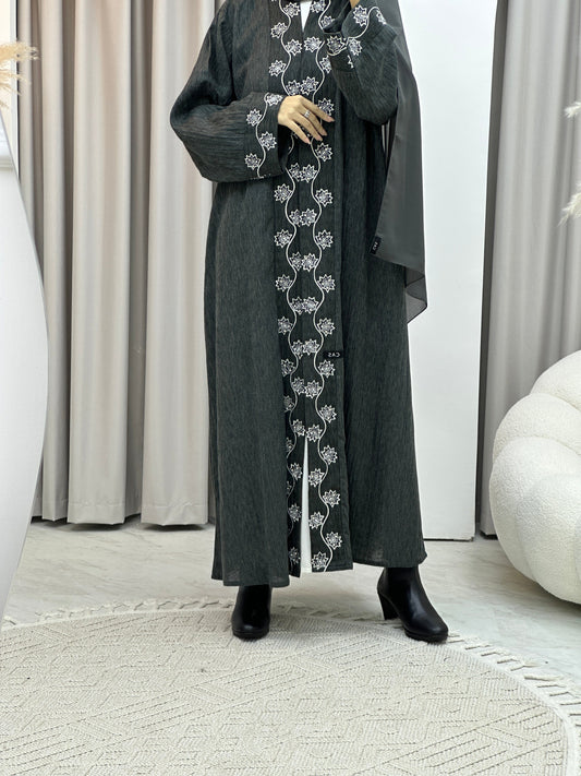 C RTW Grey Embroidery Linen Abaya