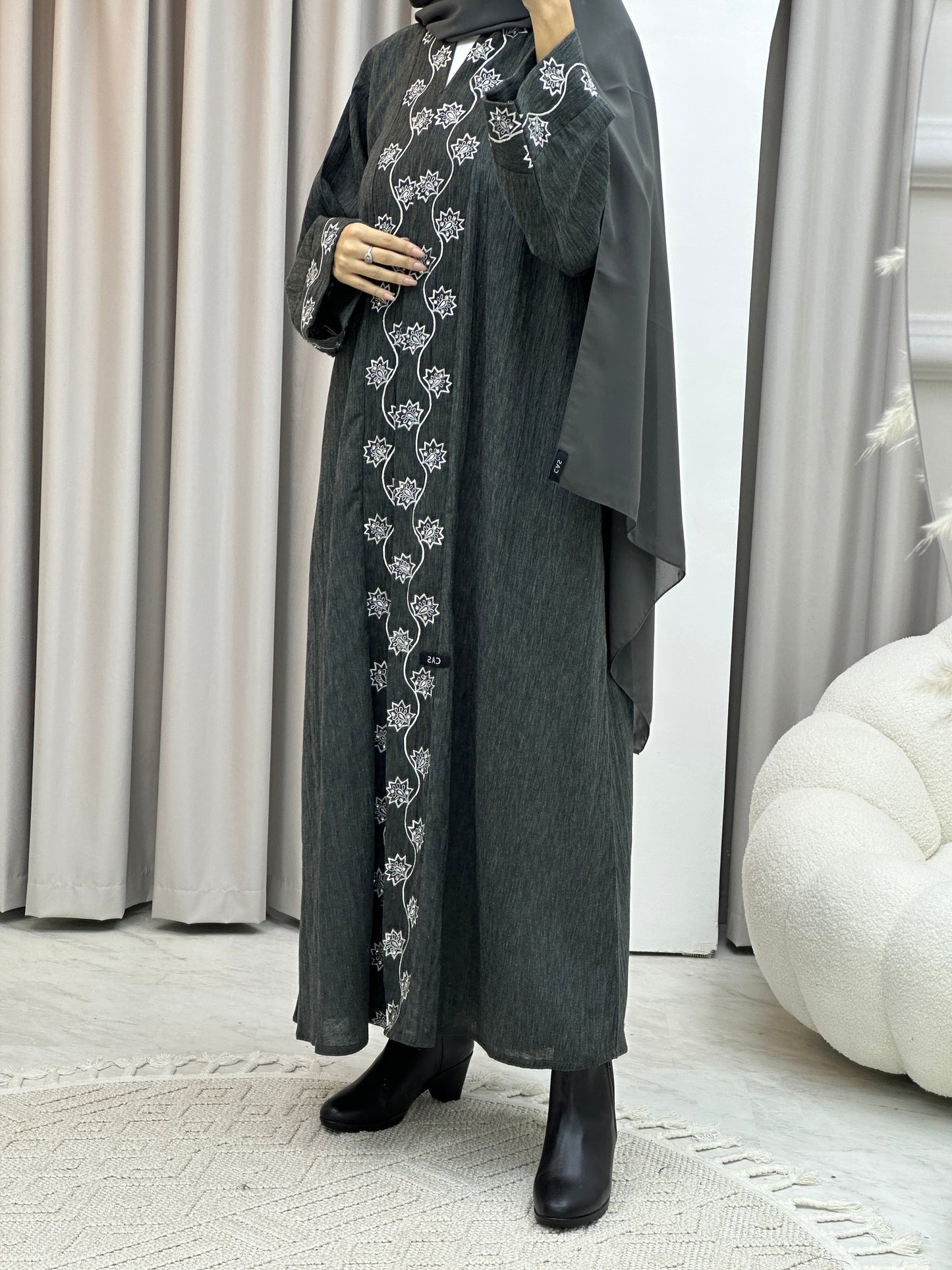 C Grey Embroidery Linen Abaya