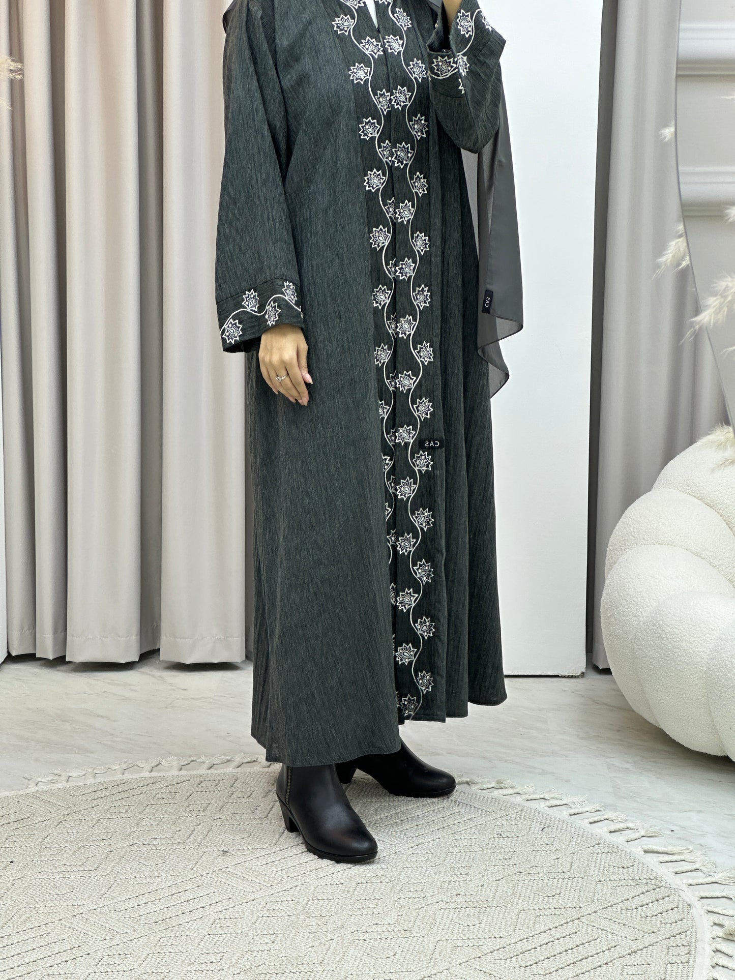 C Grey Embroidery Linen Abaya