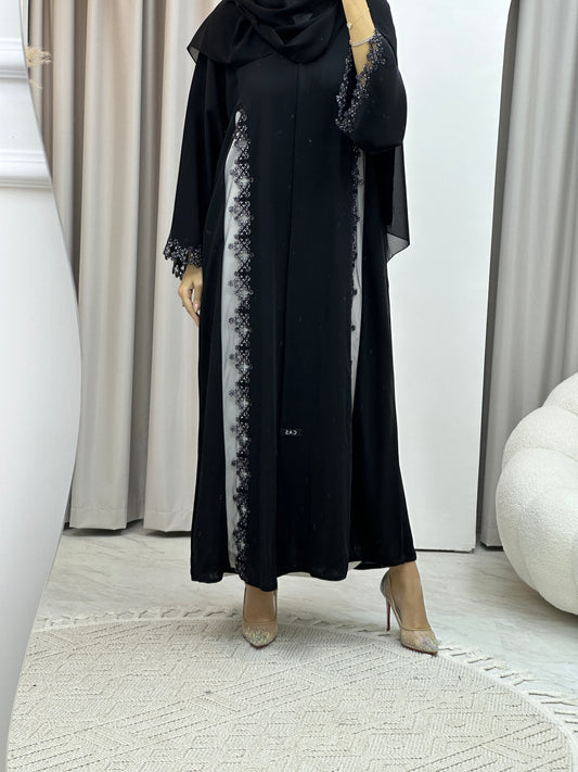 C White Floral Lace Black Abaya Set