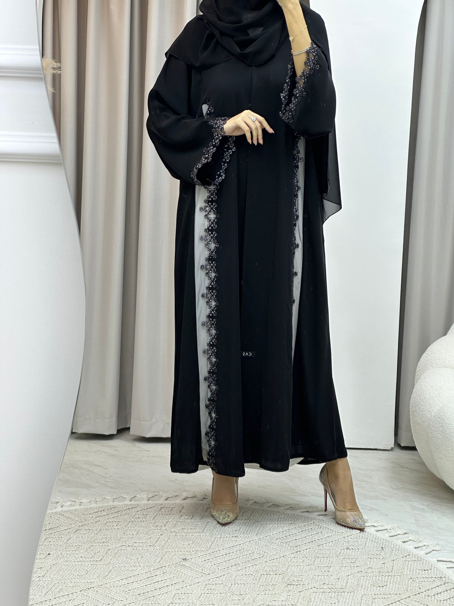 C White Floral Lace Black Abaya Set