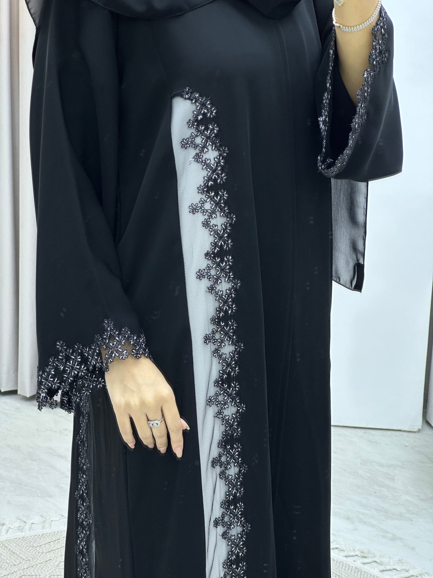 C White Floral Lace Black Abaya Set
