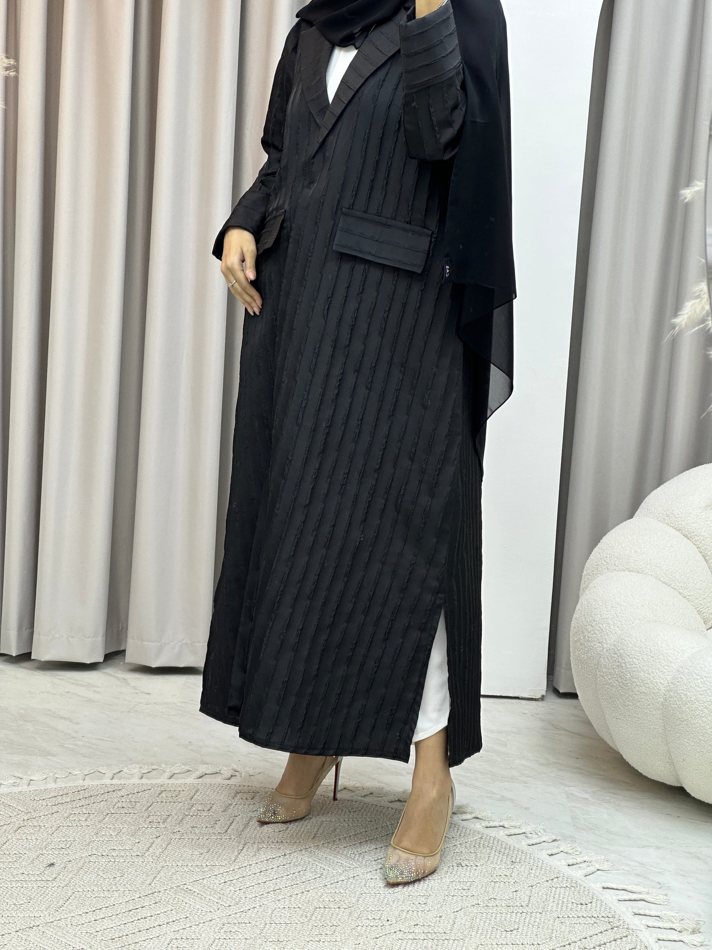 C Striped Black Coat Abaya Set