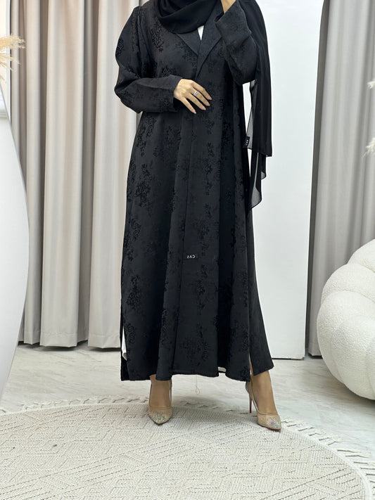 C Black Floral Print Coat Abaya Set