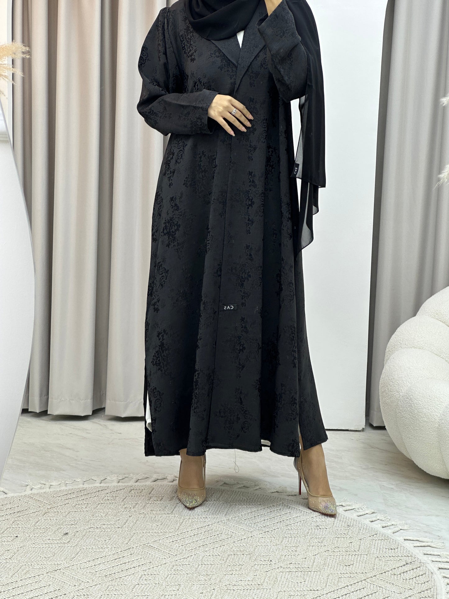 C RTW Black Floral Print Coat Abaya Set