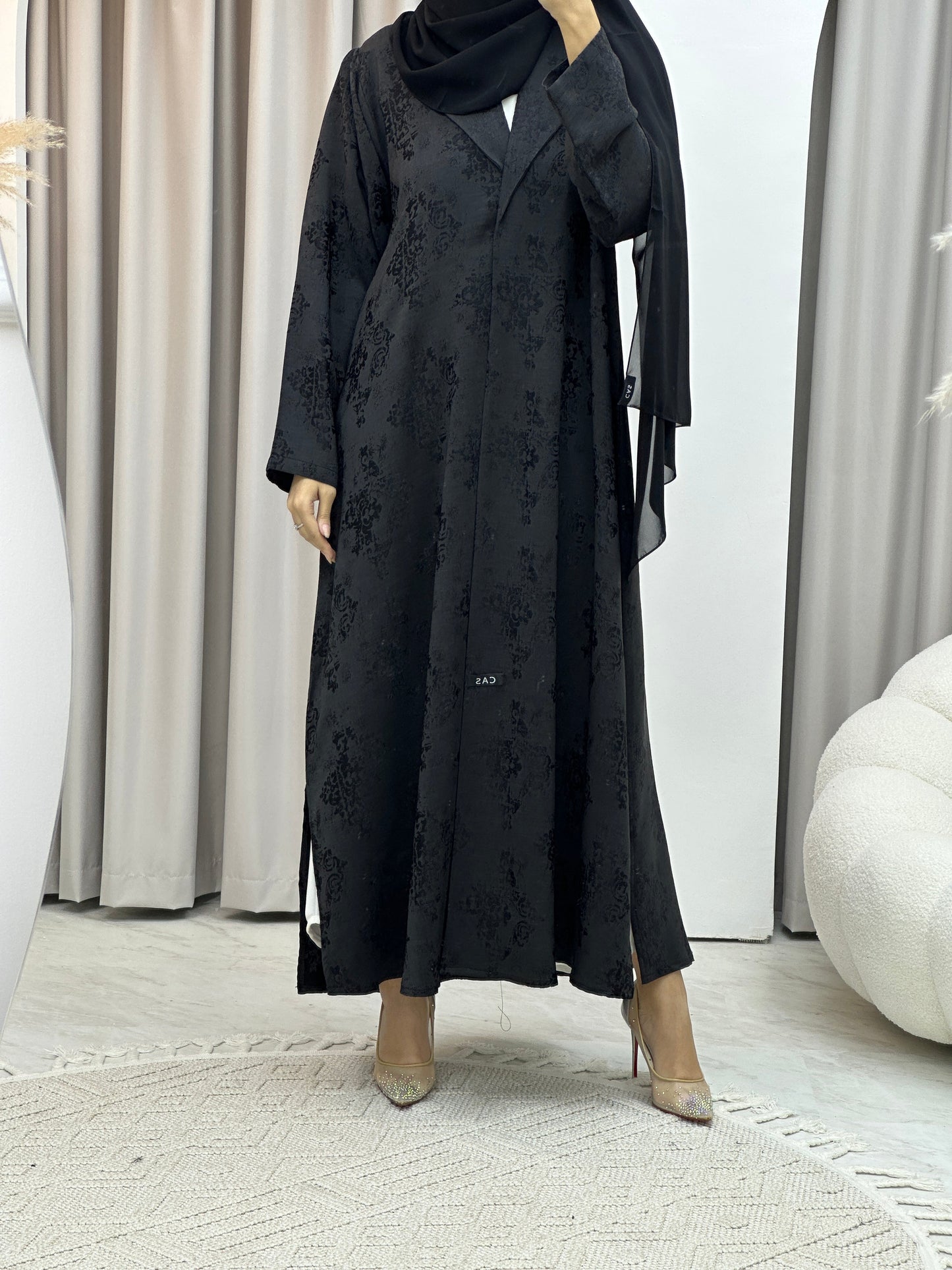 C RTW Black Floral Print Coat Abaya Set