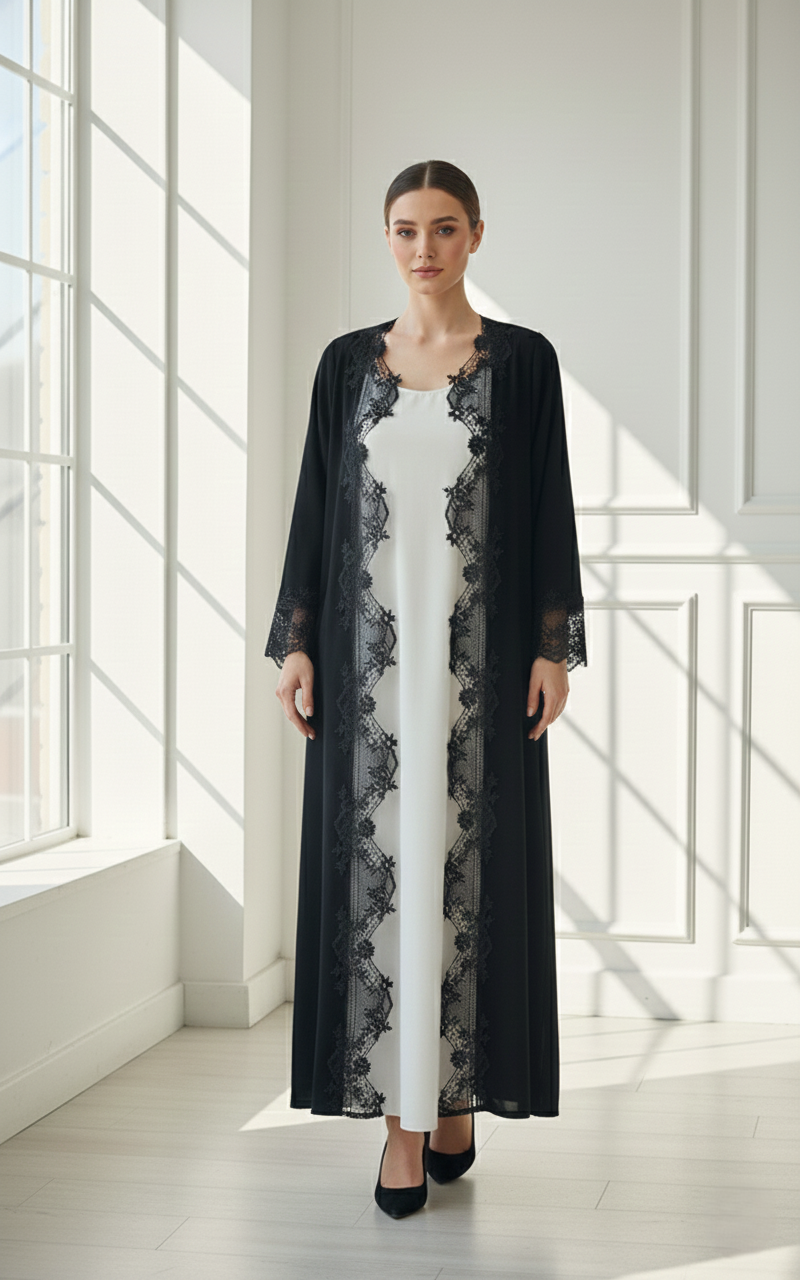 C 1770 Black Floral Lace Abaya