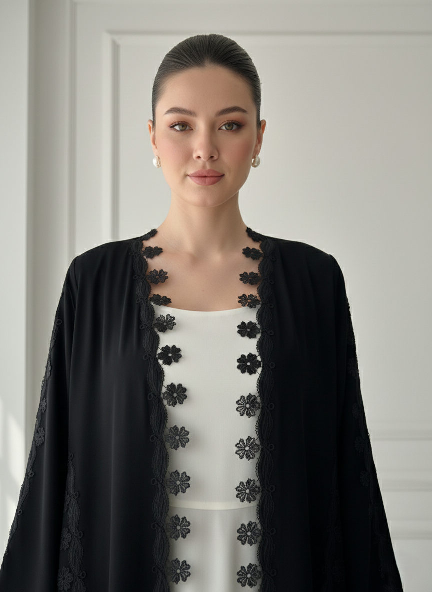 C 1771 Black Floral Lace Abaya