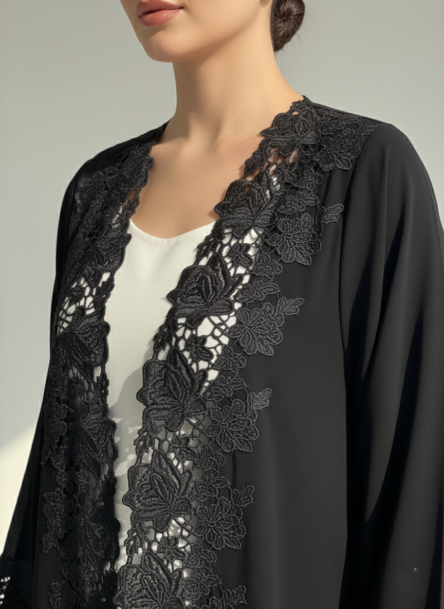 C 1774 Black Floral Lace Abaya