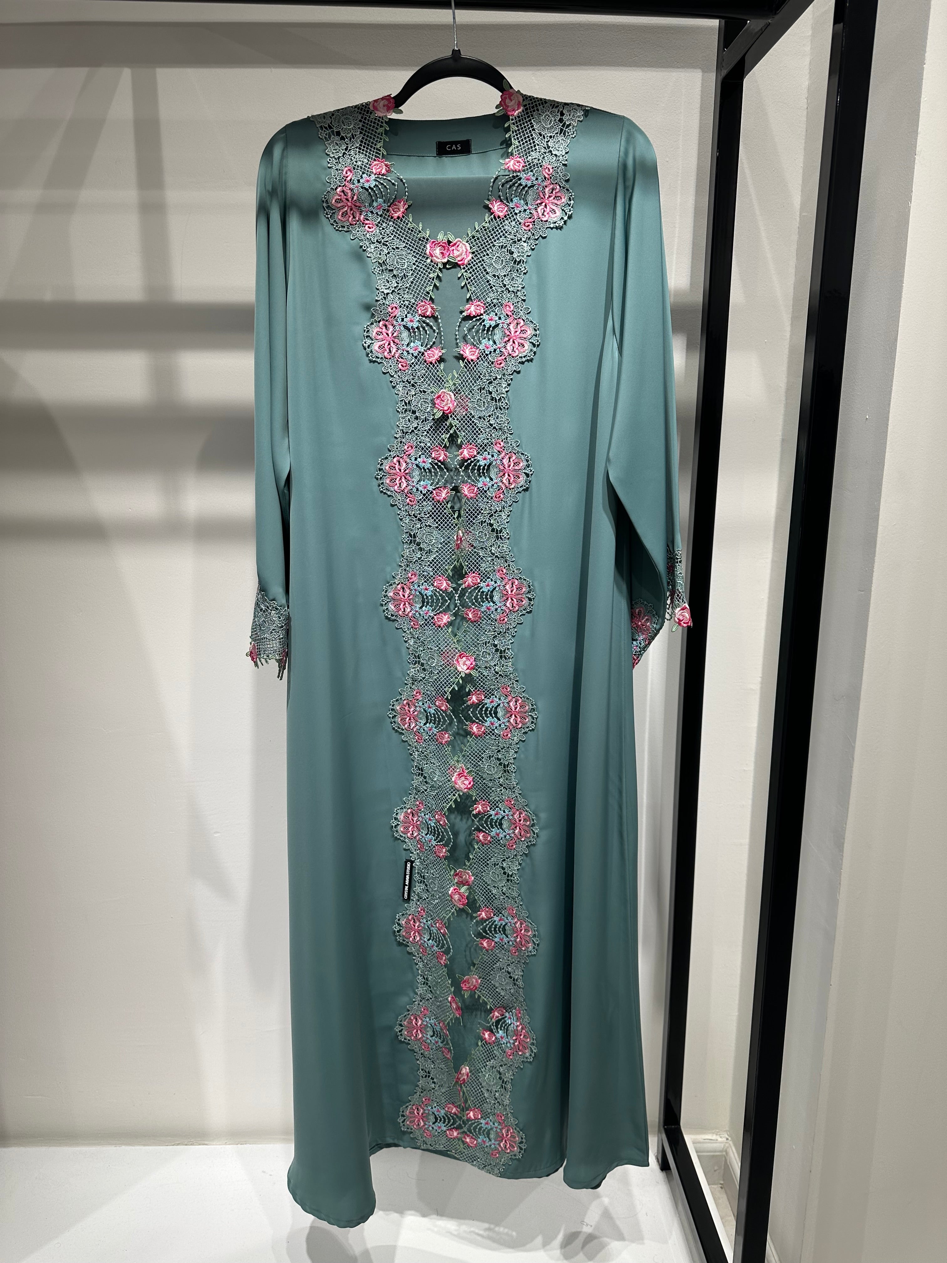 C 1418-06 Teal Floral Lace Abaya